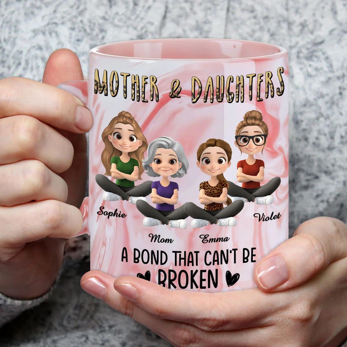 A Bond That Cannot Be Broken Cartoon - Personalized Custom Pink Marble Mug - Image 3