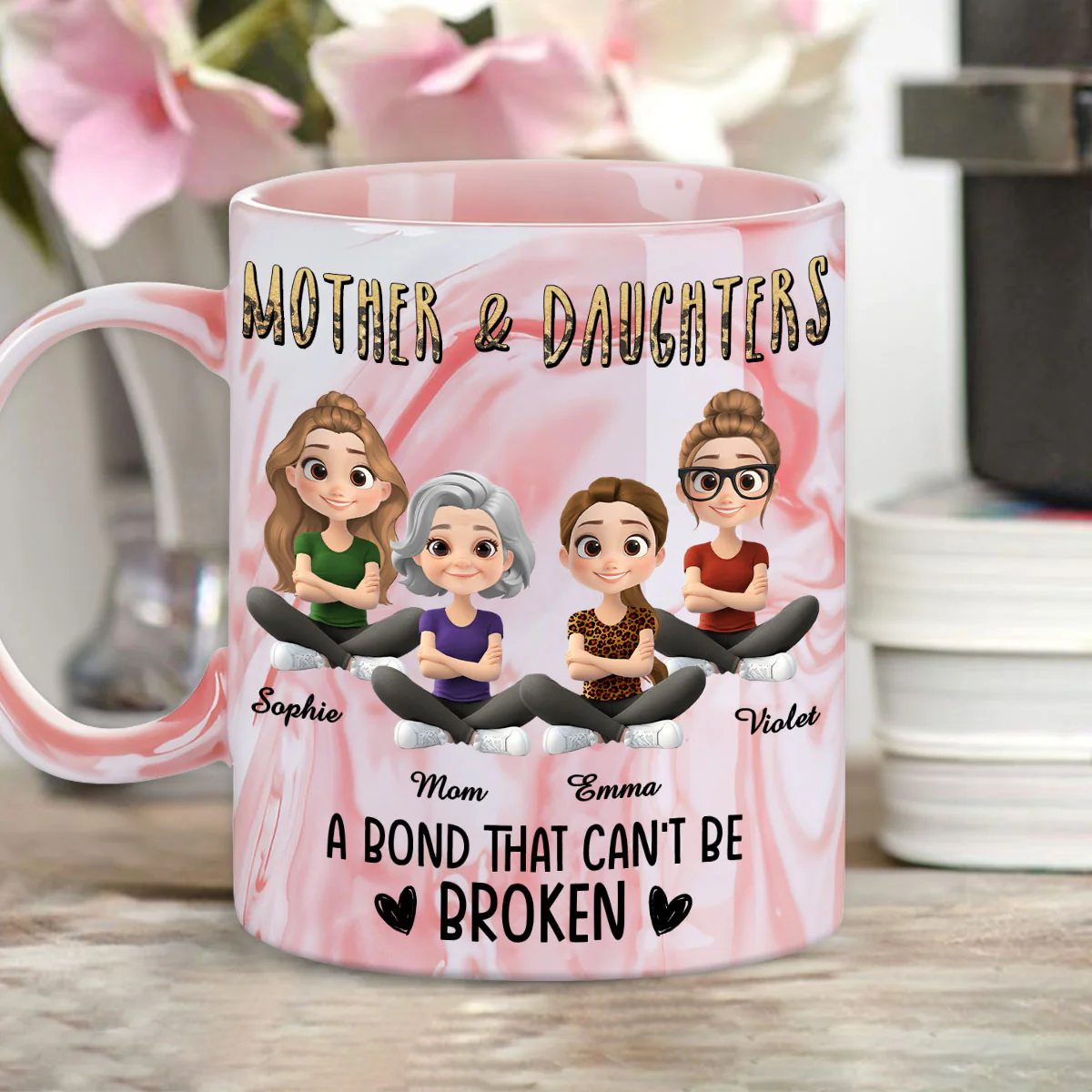 A Bond That Cannot Be Broken Cartoon - Personalized Custom Pink Marble Mug - Image 4