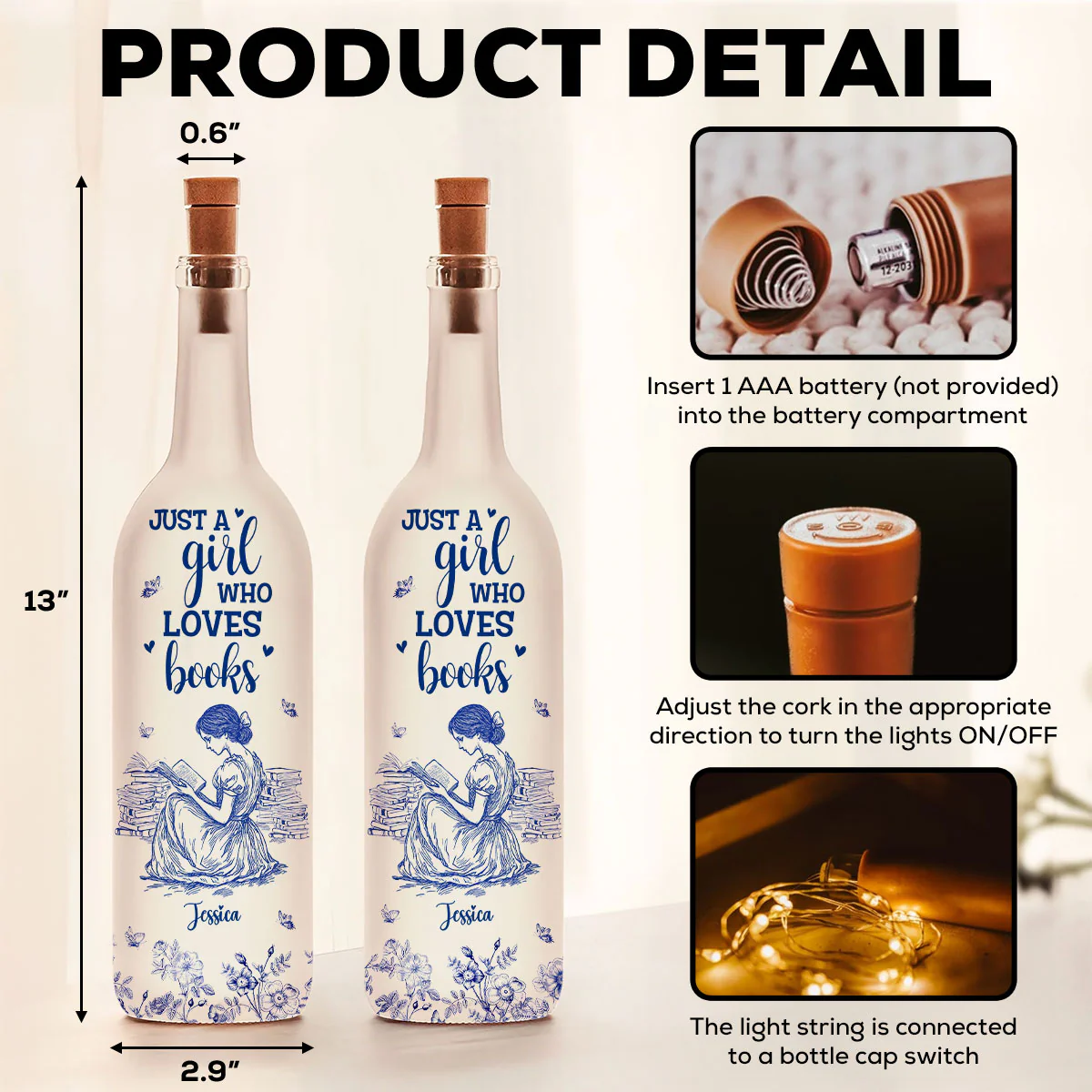 A Girl Who Loves Books - Personalized Custom Bottle Lamp - Image 6
