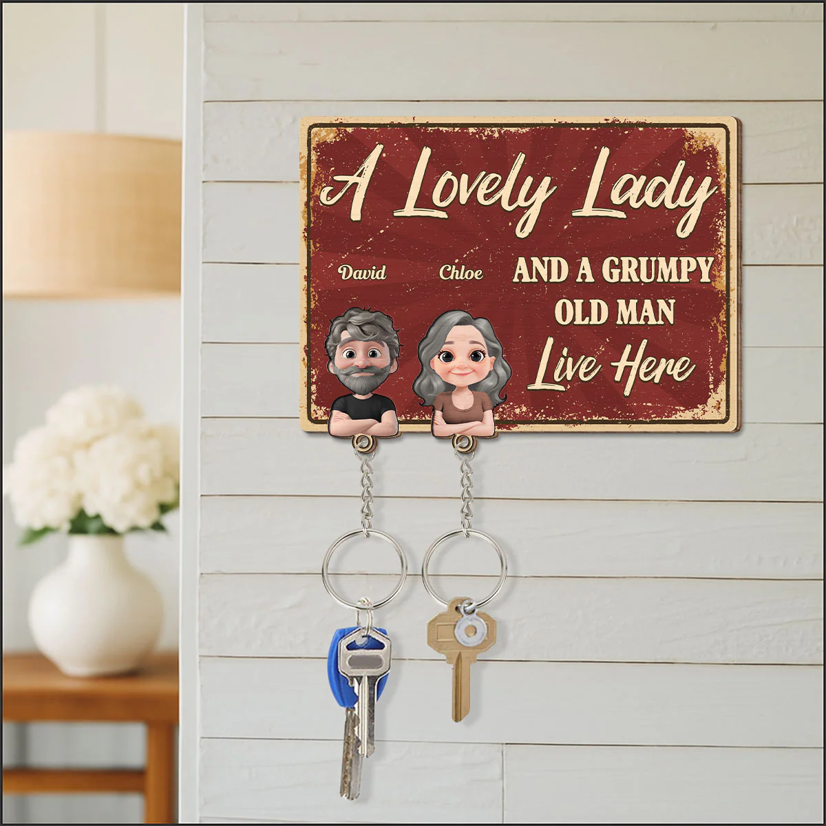 A Lovely Lady And A Grumpy Man - Personalized Custom Wooden Key Holder With Keychain - Image 3