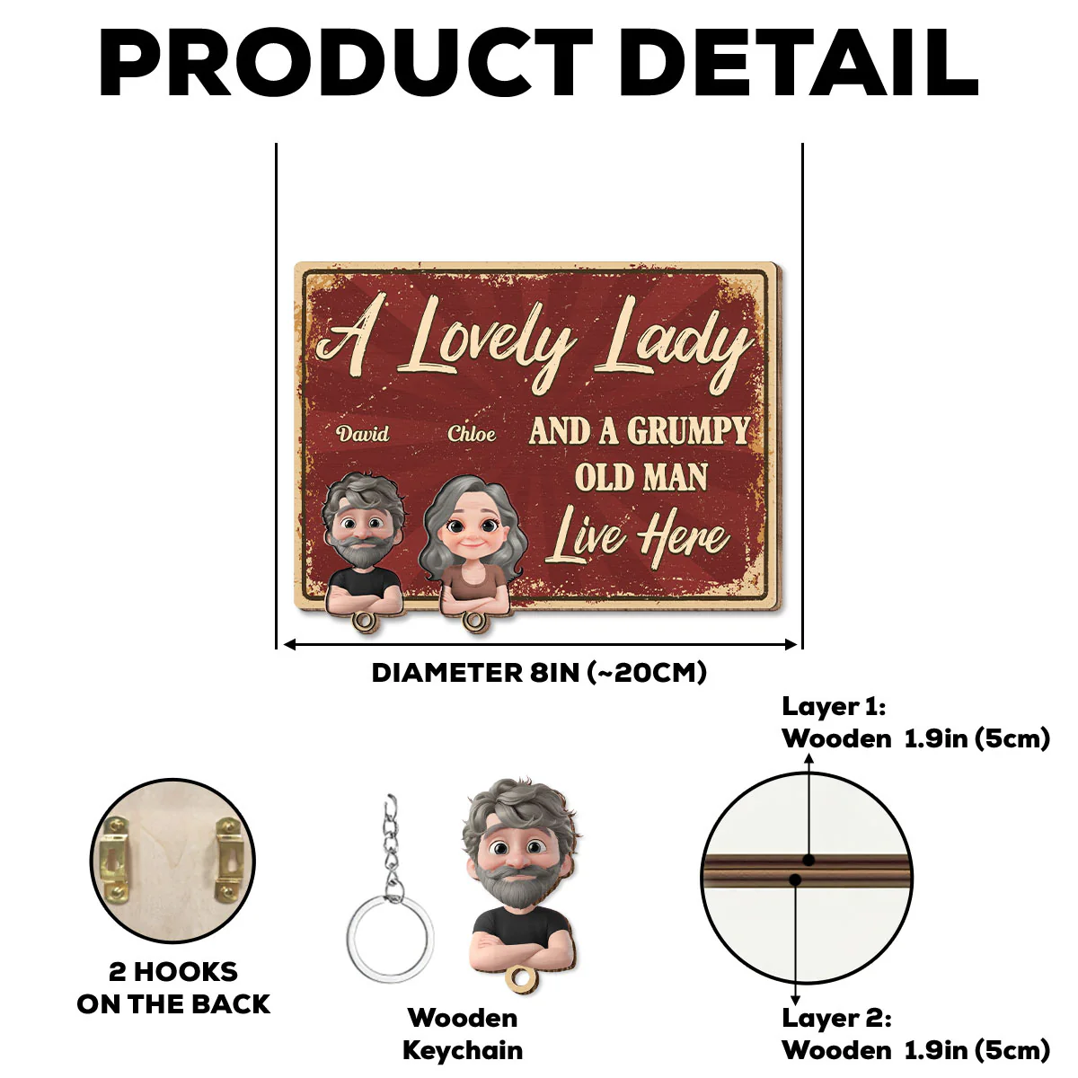 A Lovely Lady And A Grumpy Man - Personalized Custom Wooden Key Holder With Keychain - Image 5
