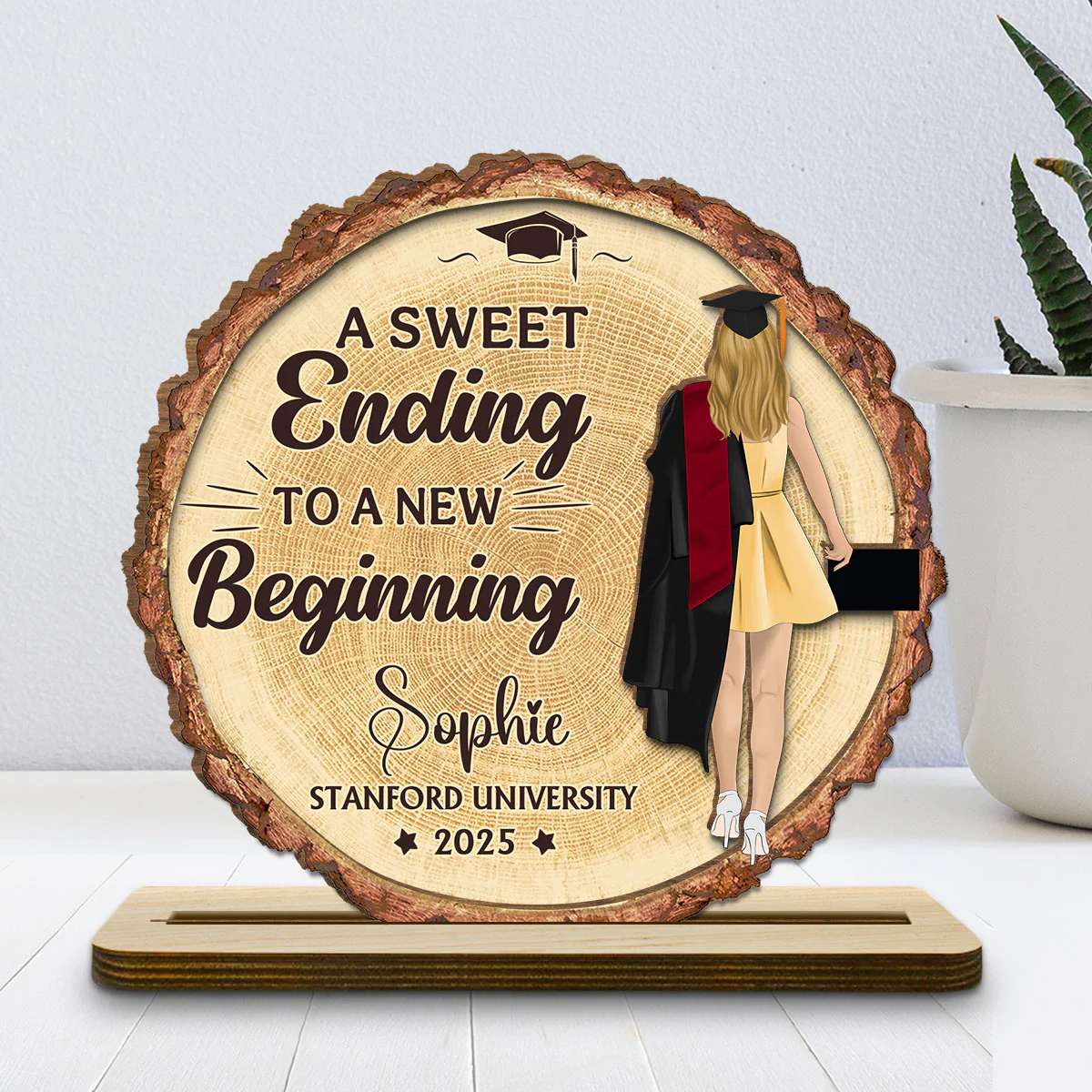 A Sweet Ending To A New Beginning - Personalized Custom 2-Layer Wood Plaque With Flat Base - Image 2
