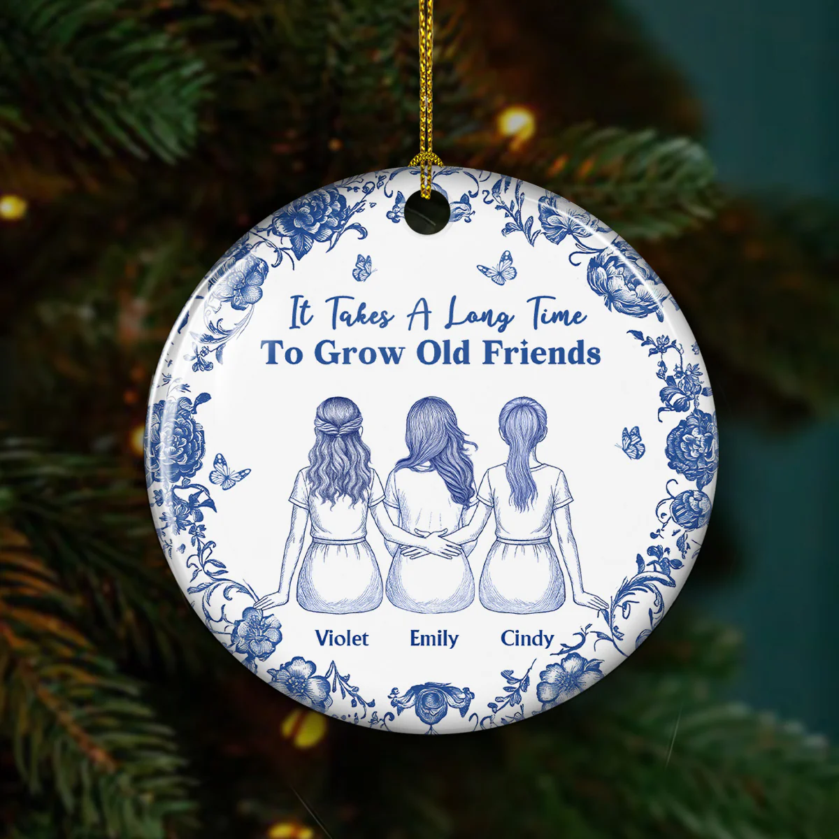 A True Friendship Blue Toile - Personalized Custom Ceramic Ornament - Image 2