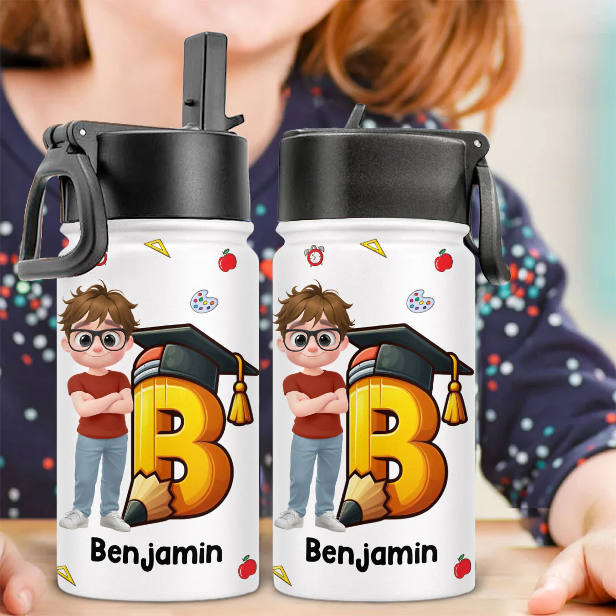 Alphabet Cartoonize Boy - Personalized Custom 3D Inflated Effect Kids Water Bottle - Image 2
