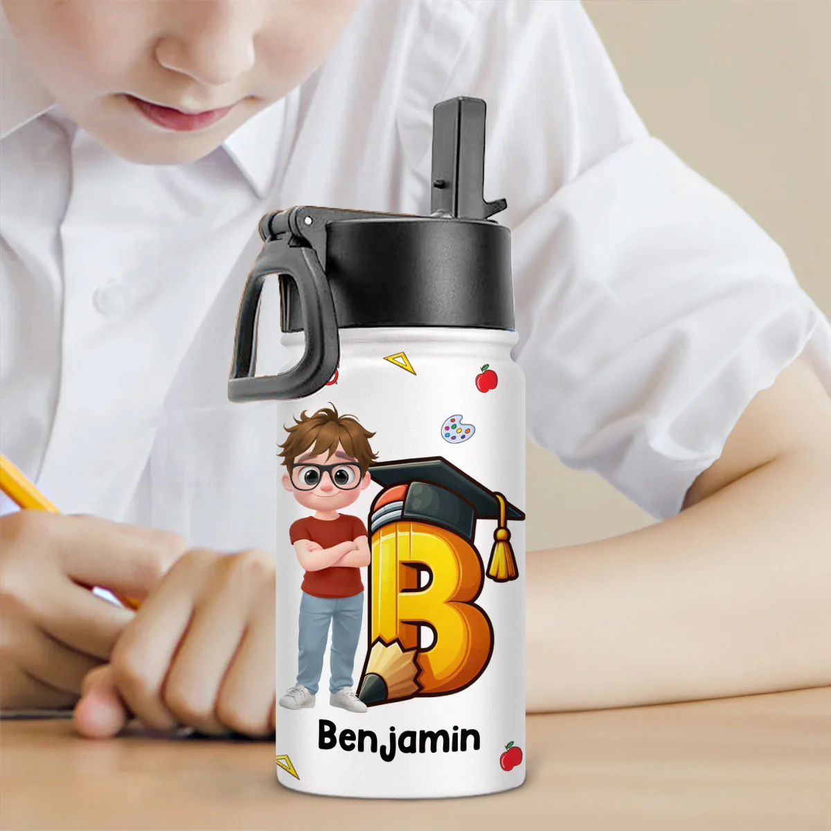 Alphabet Cartoonize Boy - Personalized Custom 3D Inflated Effect Kids Water Bottle - Image 3