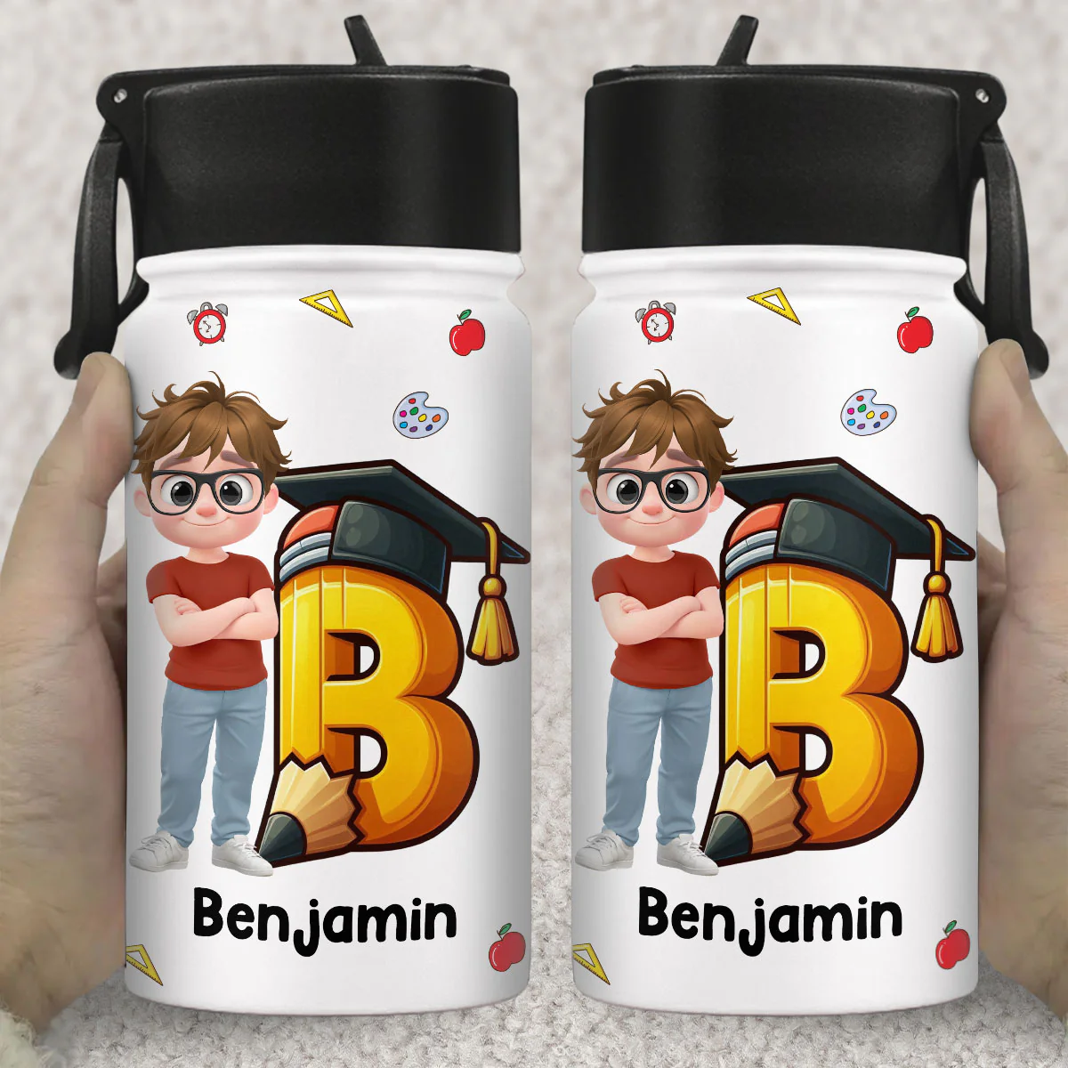 Alphabet Cartoonize Boy - Personalized Custom 3D Inflated Effect Kids Water Bottle - Image 4