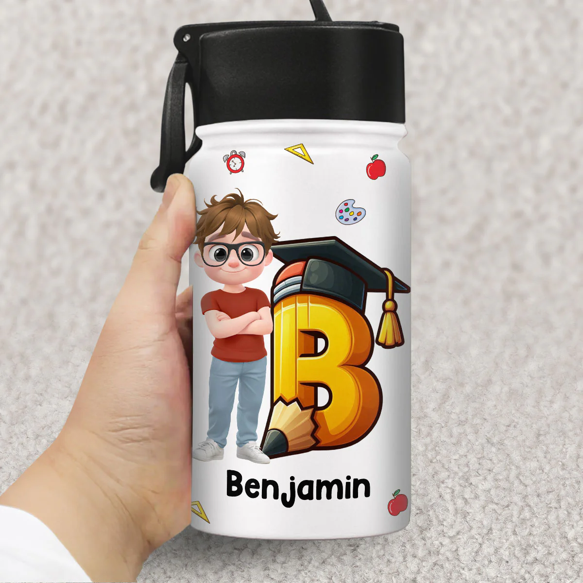 Alphabet Cartoonize Boy - Personalized Custom 3D Inflated Effect Kids Water Bottle - Image 5