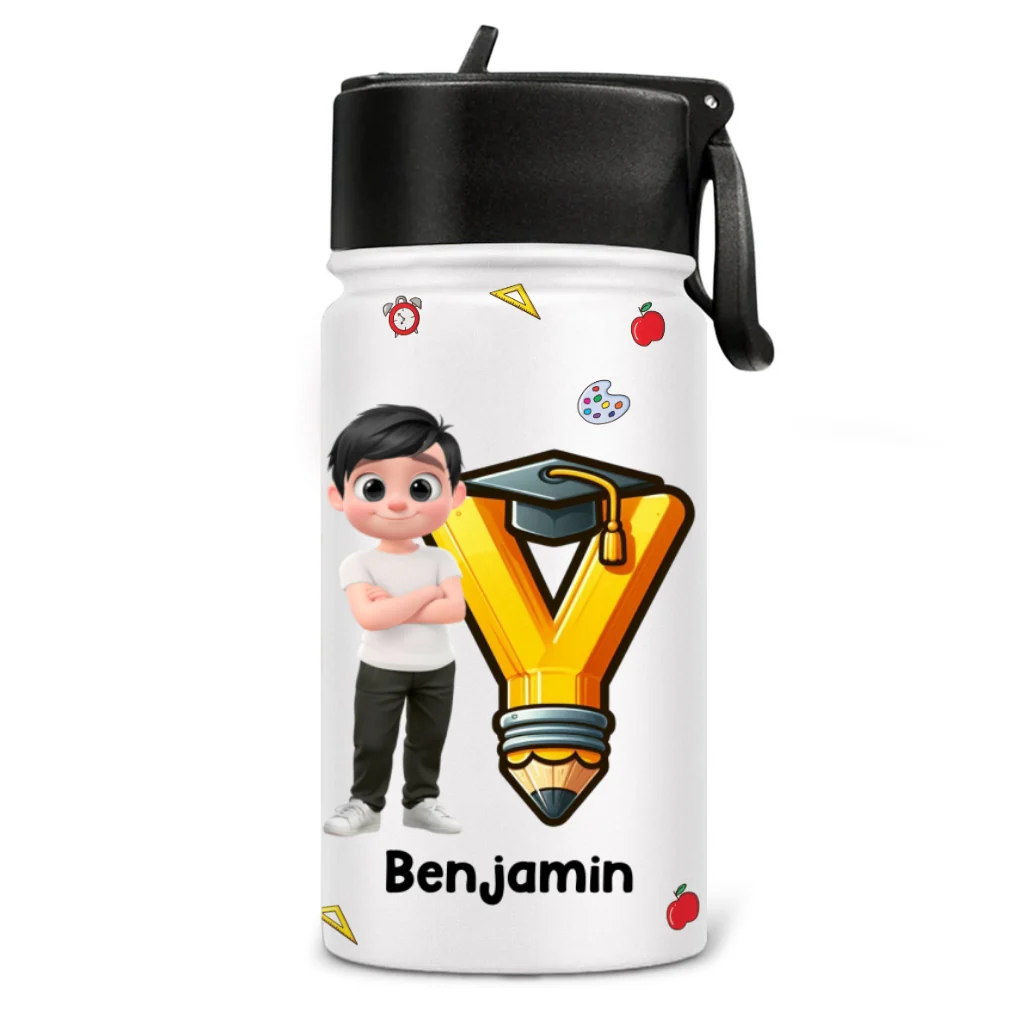 Alphabet Cartoonize Boy - Personalized Custom 3D Inflated Effect Kids Water Bottle - Image 8