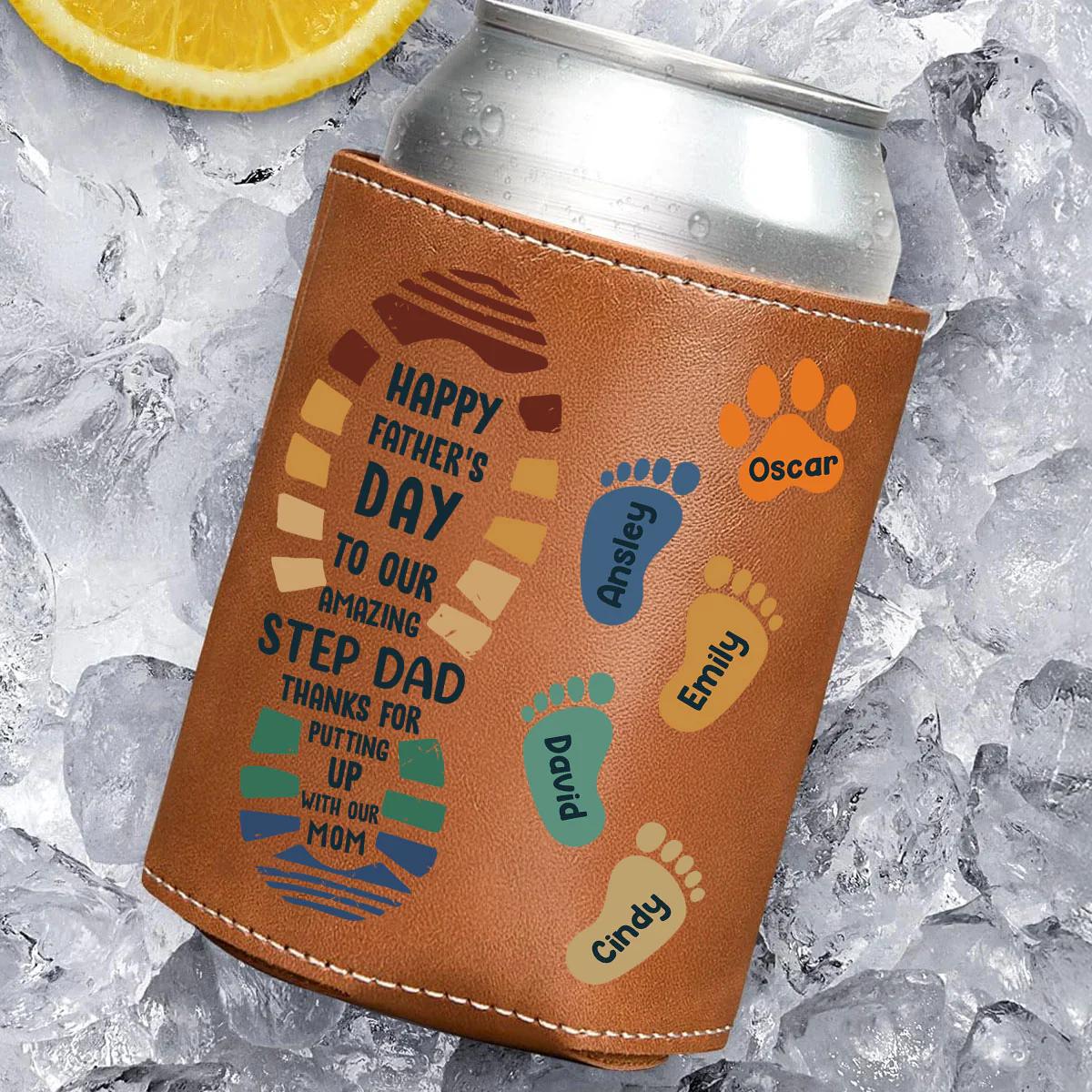 Amazing Step Dad - Personalized Custom Leather Can Cooler Holder - Image 2
