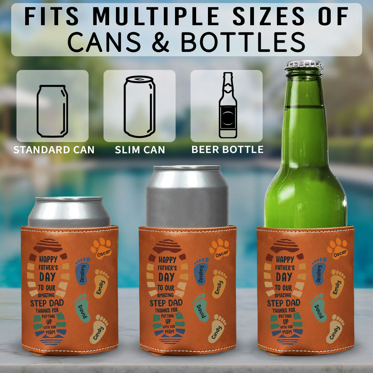 Amazing Step Dad - Personalized Custom Leather Can Cooler Holder - Image 4