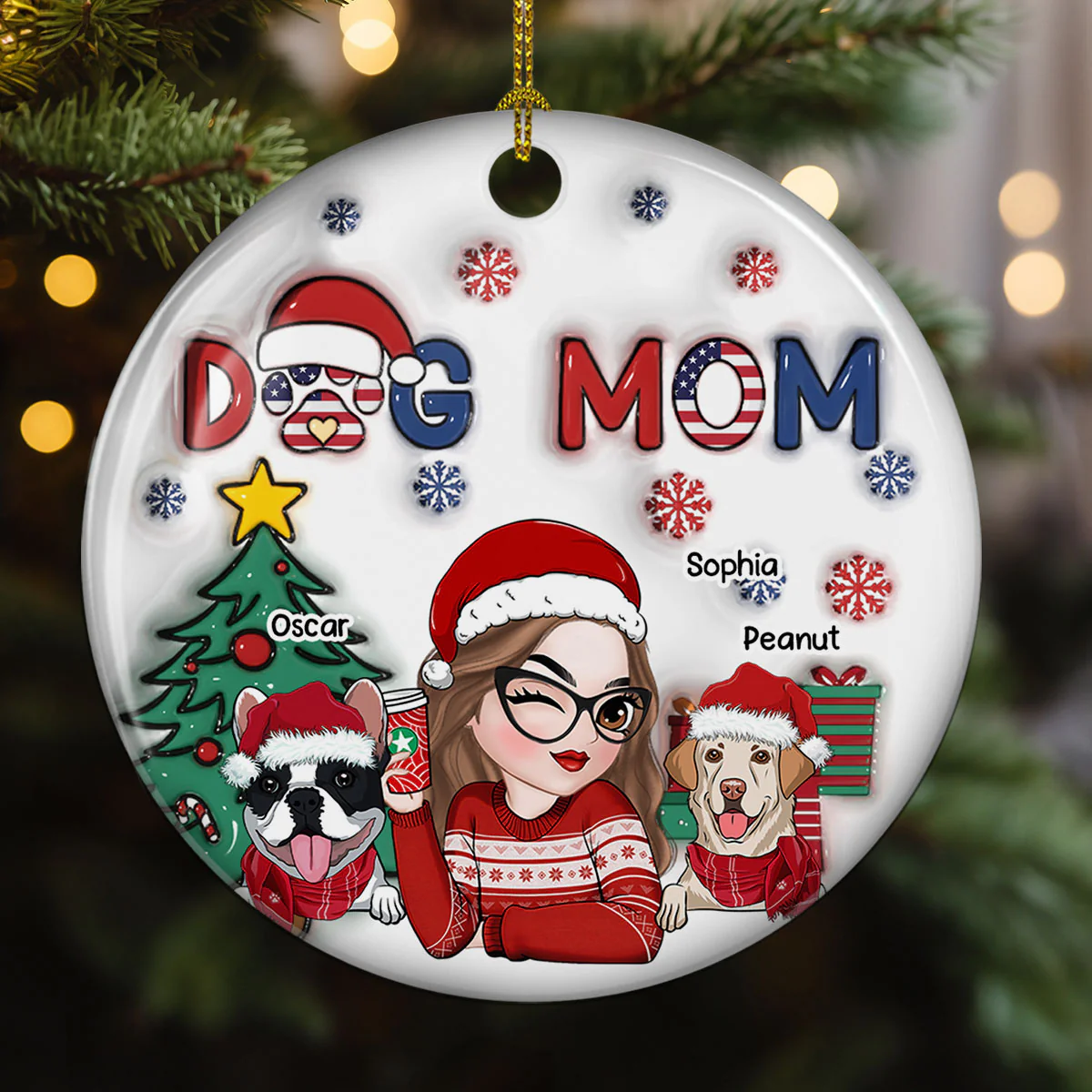 American Dog Mom Christmas - Personalized Custom 3D Inflated Effect Ceramic Ornament - Image 3