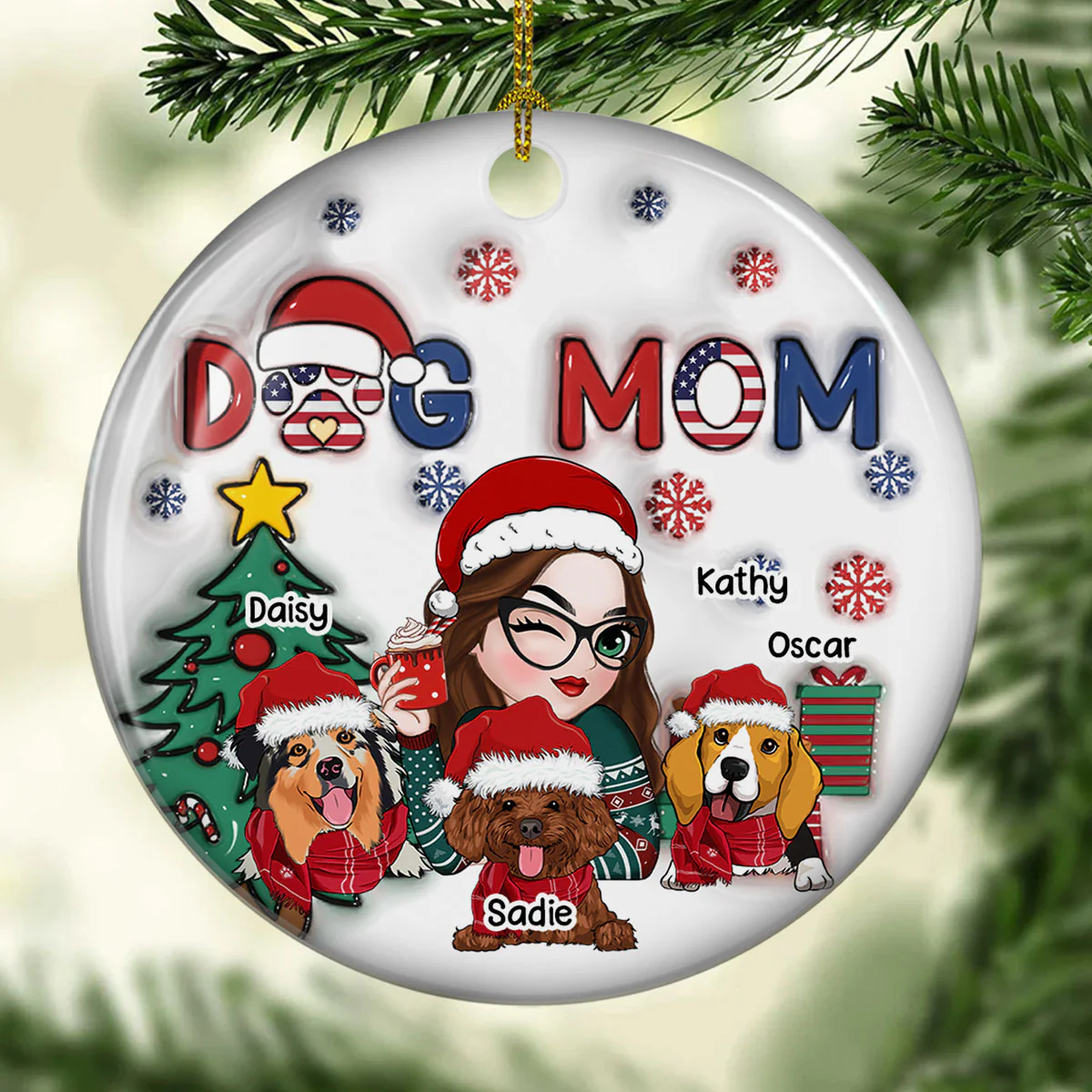 American Dog Mom Christmas - Personalized Custom 3D Inflated Effect Ceramic Ornament - Image 4