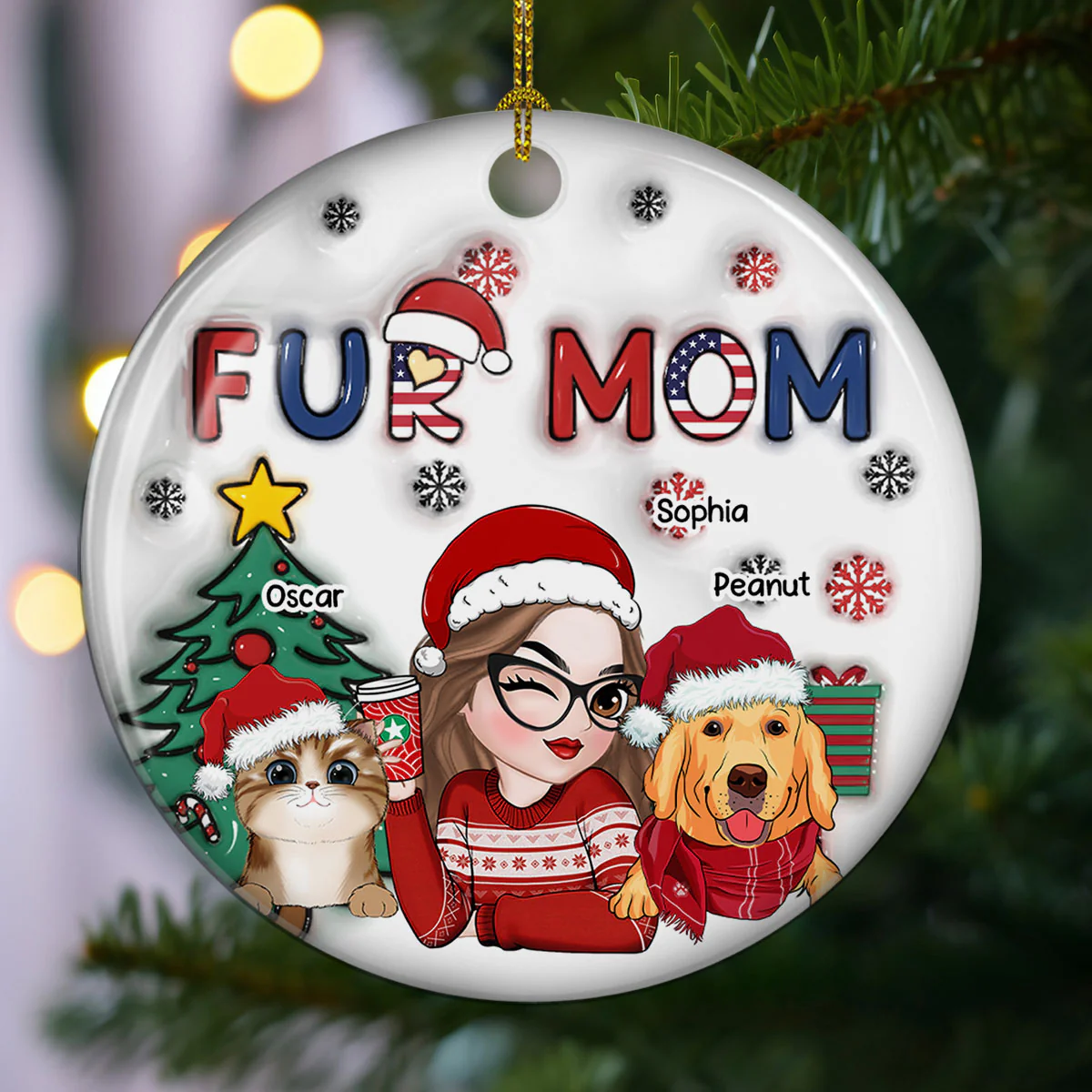American Fur Mom Christmas -  Personalized Custom 3D Inflated Effect Ceramic Ornament - Image 3