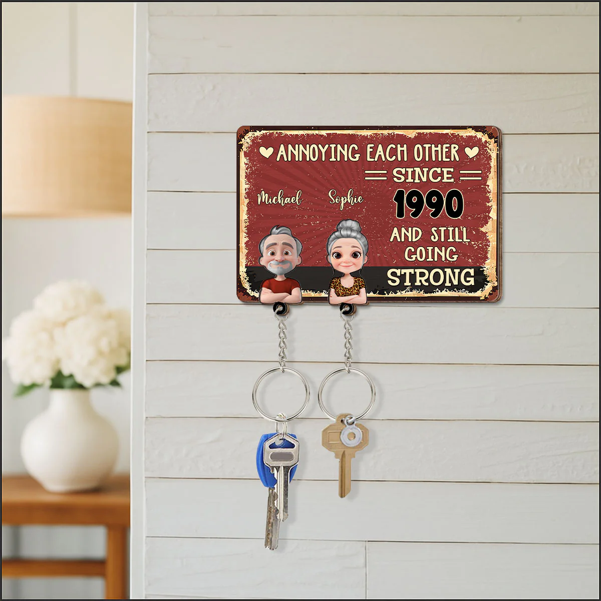 Annoying Each Other - Personalized Custom Wooden Key Holder With Keychain - Image 3