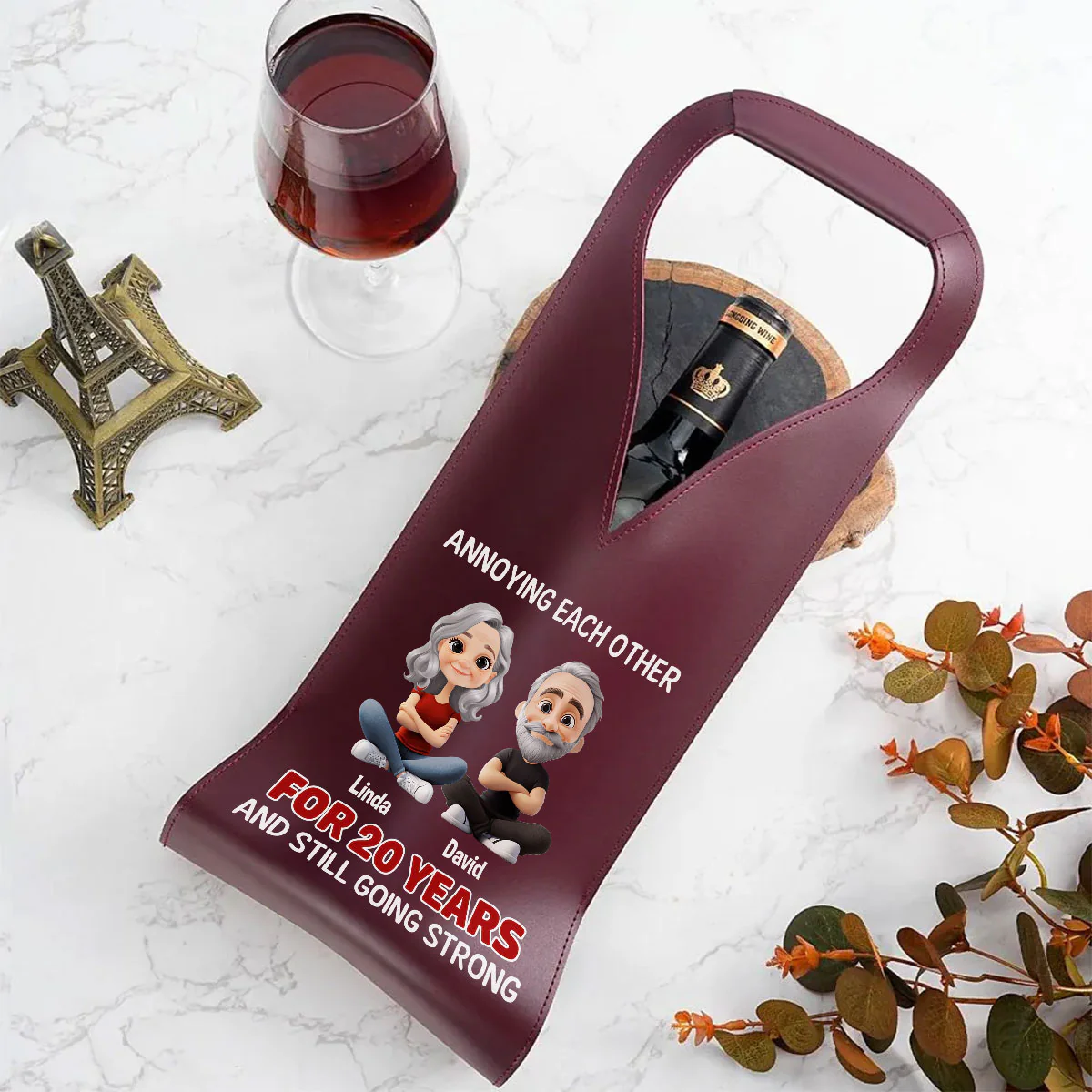 Annoying Each Other Since Day One - Personalized Custom Leather Wine Bag - Image 3