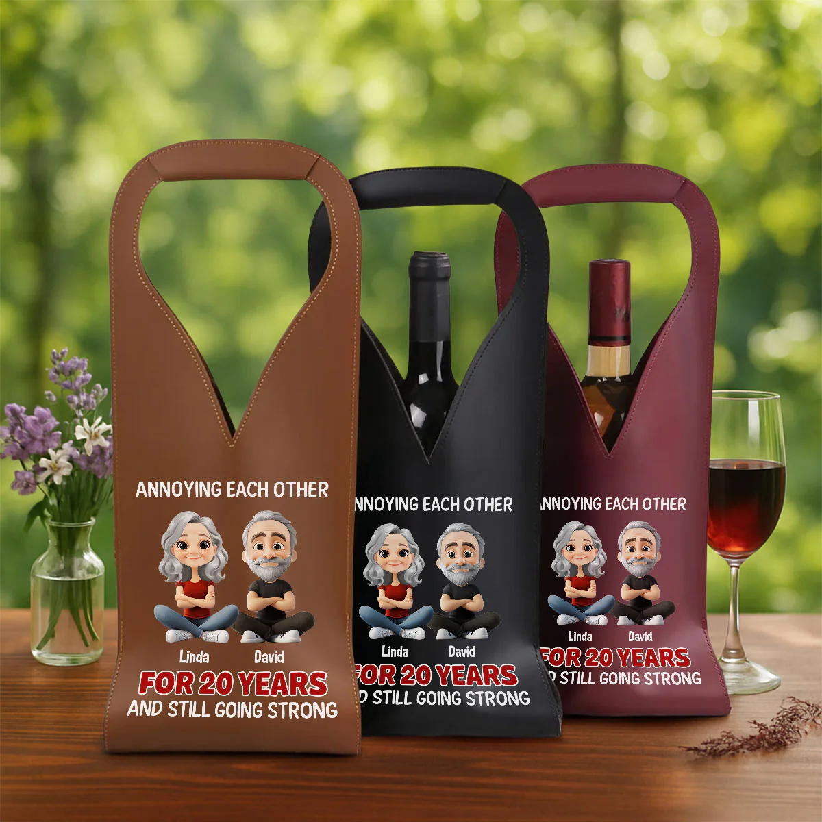 Annoying Each Other Since Day One - Personalized Custom Leather Wine Bag - Image 5