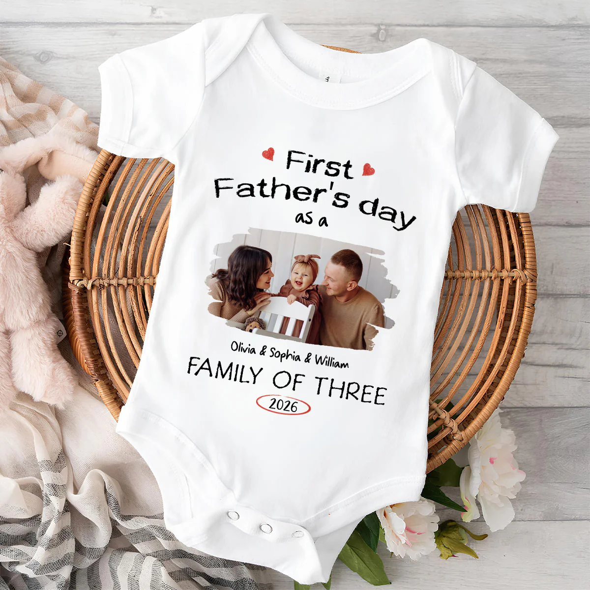 As A Family Of Three Fathers Day Photo - Personalized Custom Baby Onesie - Image 2