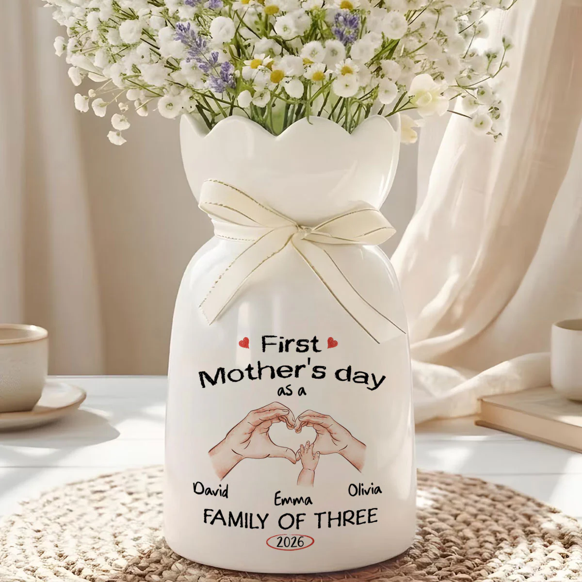 As A Family Of Three - Personalized Custom Ribbon Tie Flower Vase