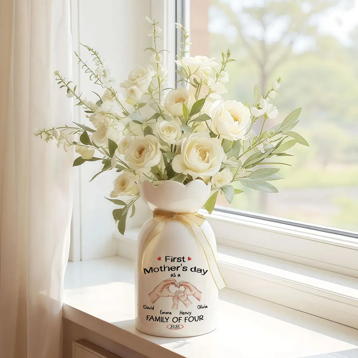 As A Family Of Three - Personalized Custom Ribbon Tie Flower Vase - Image 2