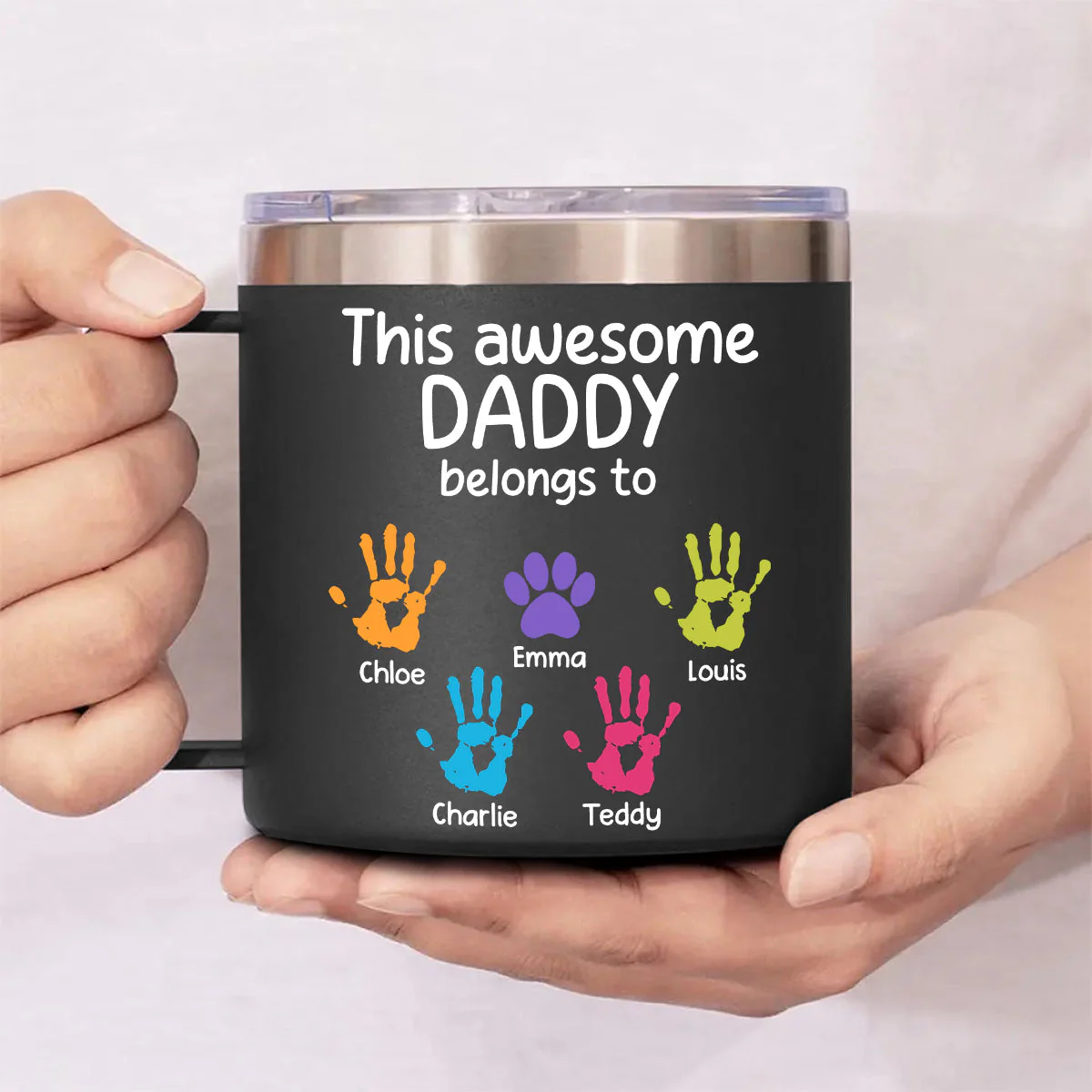 Awesome Daddy Papa Belongs To - Personalized Custom 14oz Stainless Steel Tumbler With Handle - Image 2