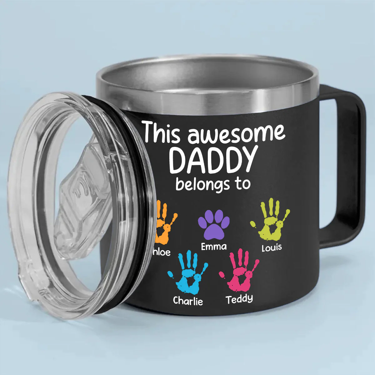 Awesome Daddy Papa Belongs To - Personalized Custom 14oz Stainless Steel Tumbler With Handle - Image 3