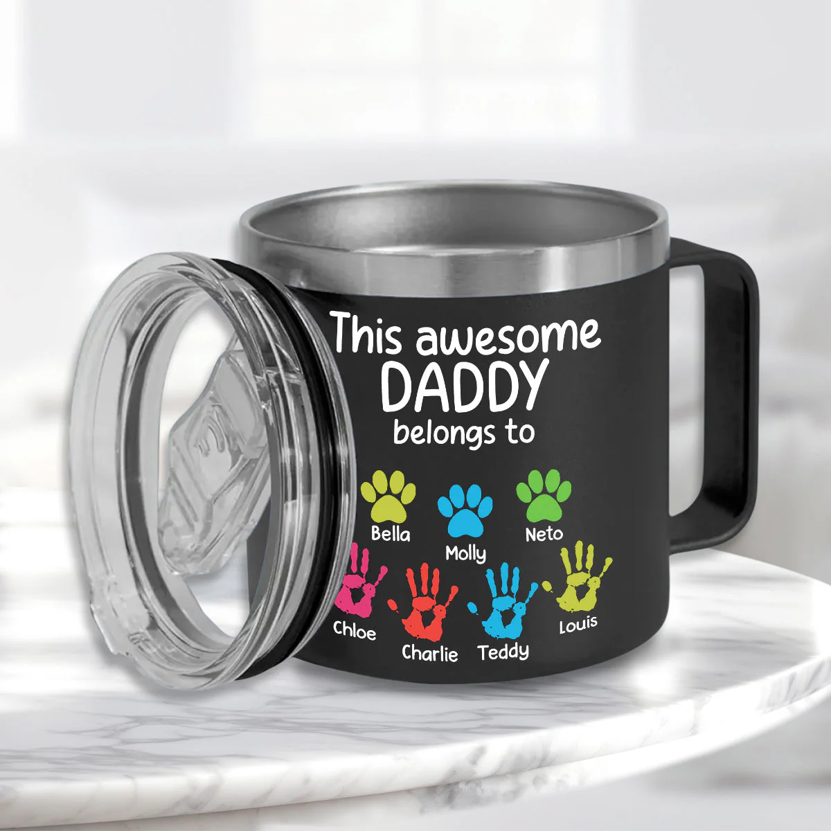 Awesome Daddy Papa Belongs To - Personalized Custom 14oz Stainless Steel Tumbler With Handle - Image 4