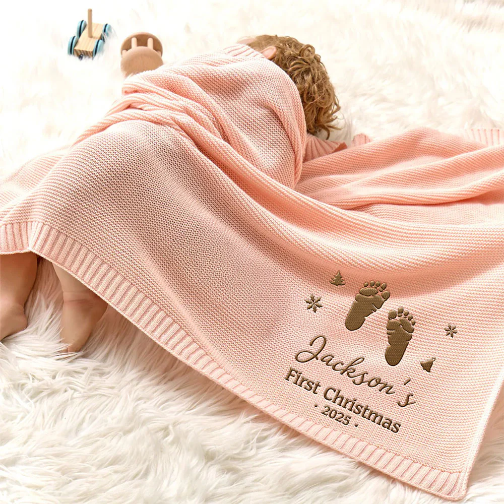 Baby First Christmas - Personalized Custom Embroidered Knitted Baby Blanket - Image 2
