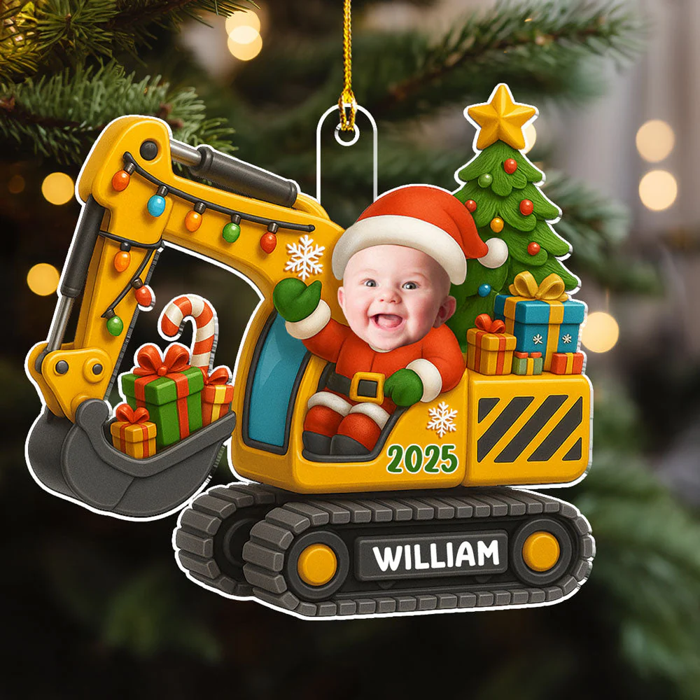 Baby On Excavator - Personalized Custom Acrylic Ornament - Image 4