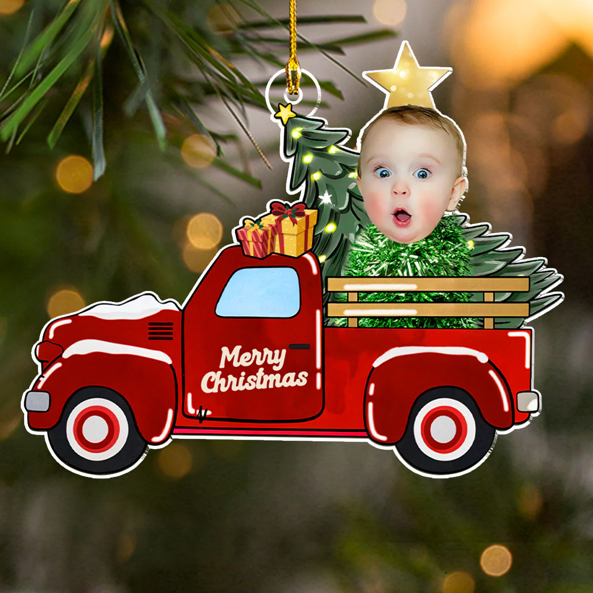 Baby On Red Truck - Personalized Custom Acrylic Ornament - Image 2