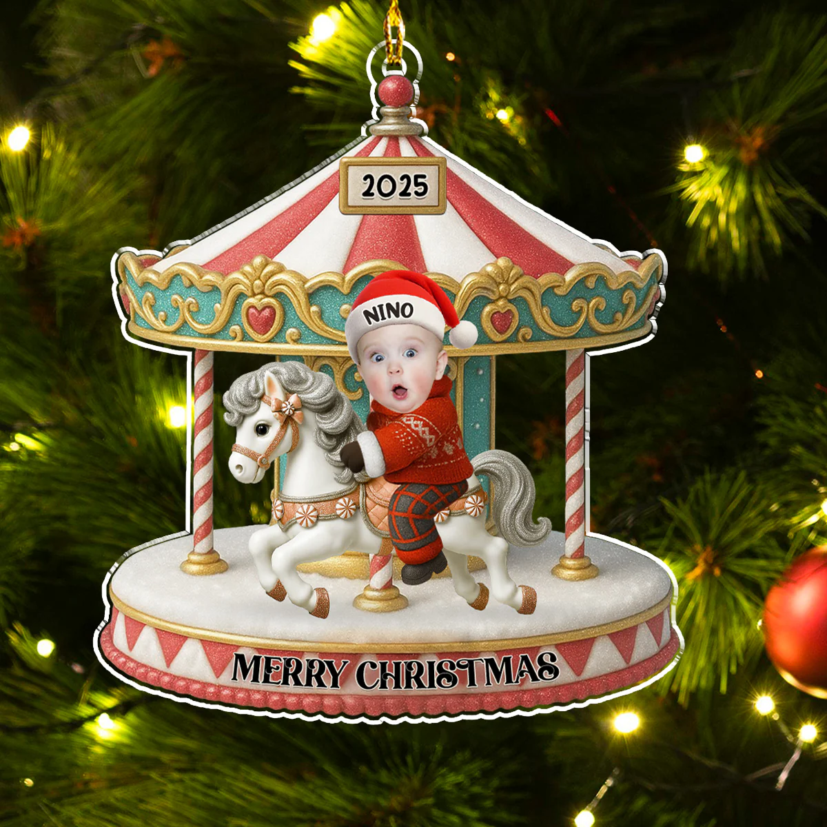 Baby Riding On A Carousel - Personalized Custom Acrylic Ornament - Image 2