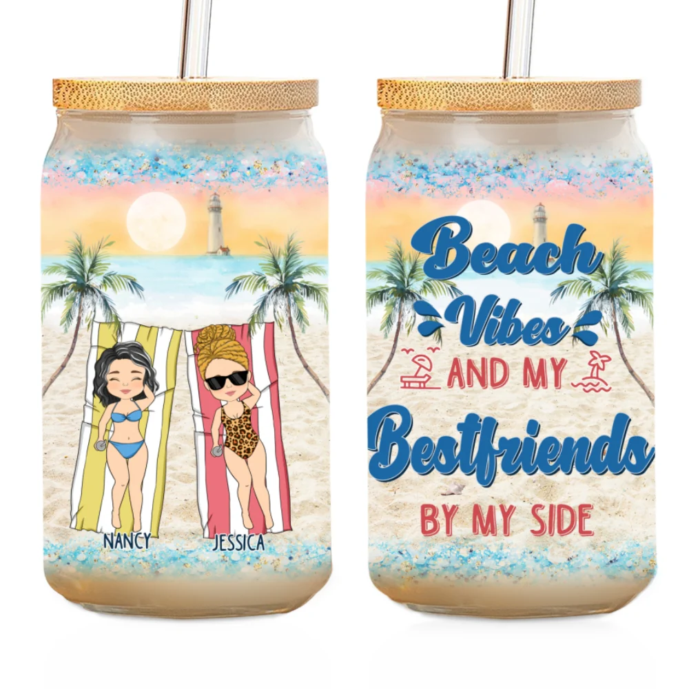 Beach Vibes and My Bestie By My Side - Personalized Custom Glass Can - Image 7