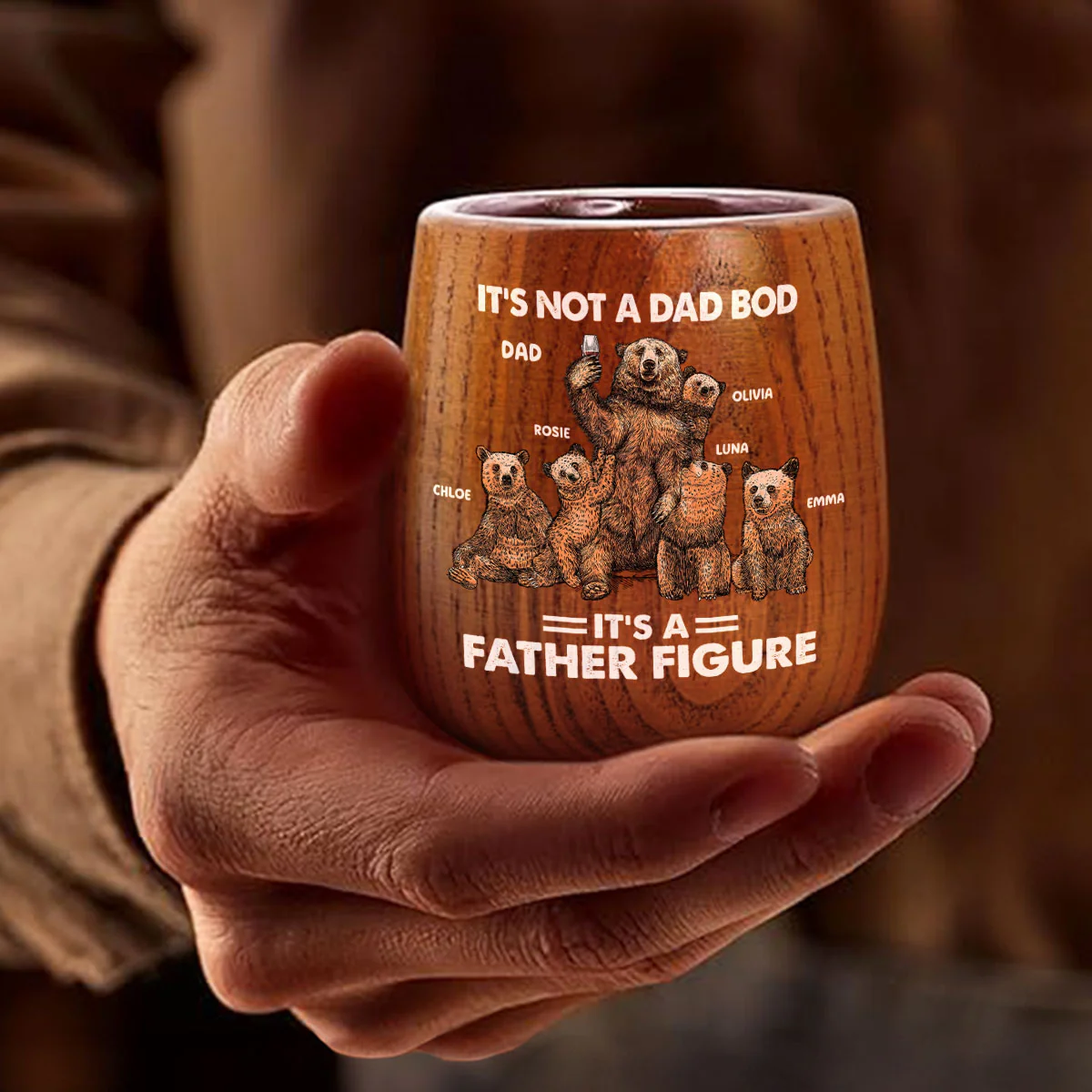 Bear Family Dad Bod - Personalized Custom Wooden Whiskey Glass - Image 2