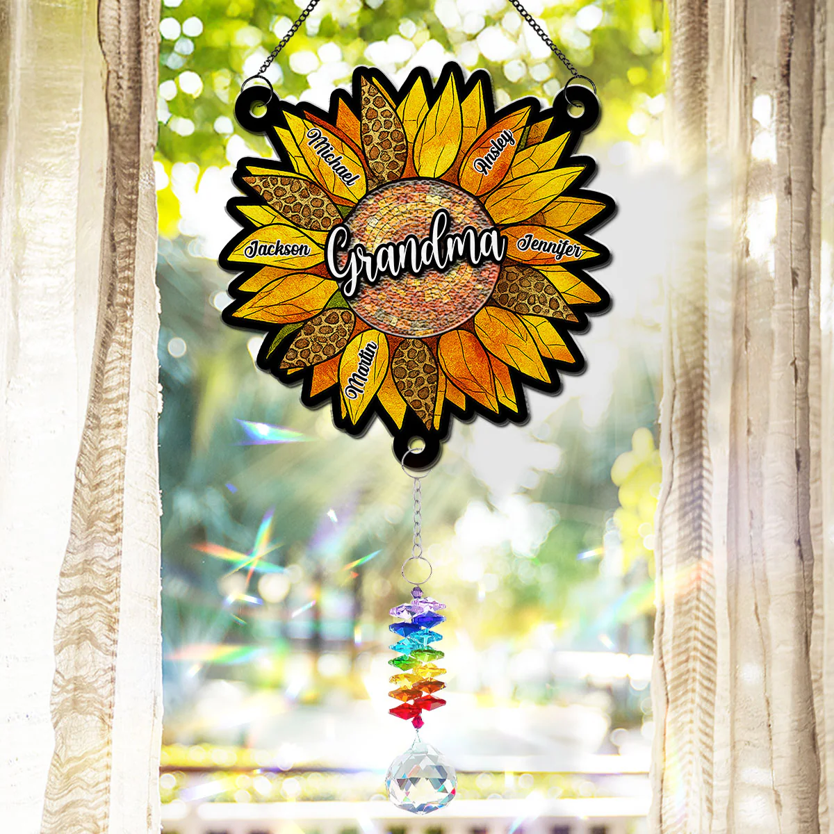 Beautiful Sunflower Grandma - Personalized Custom Suncatcher With Crystal Rainbow Charm