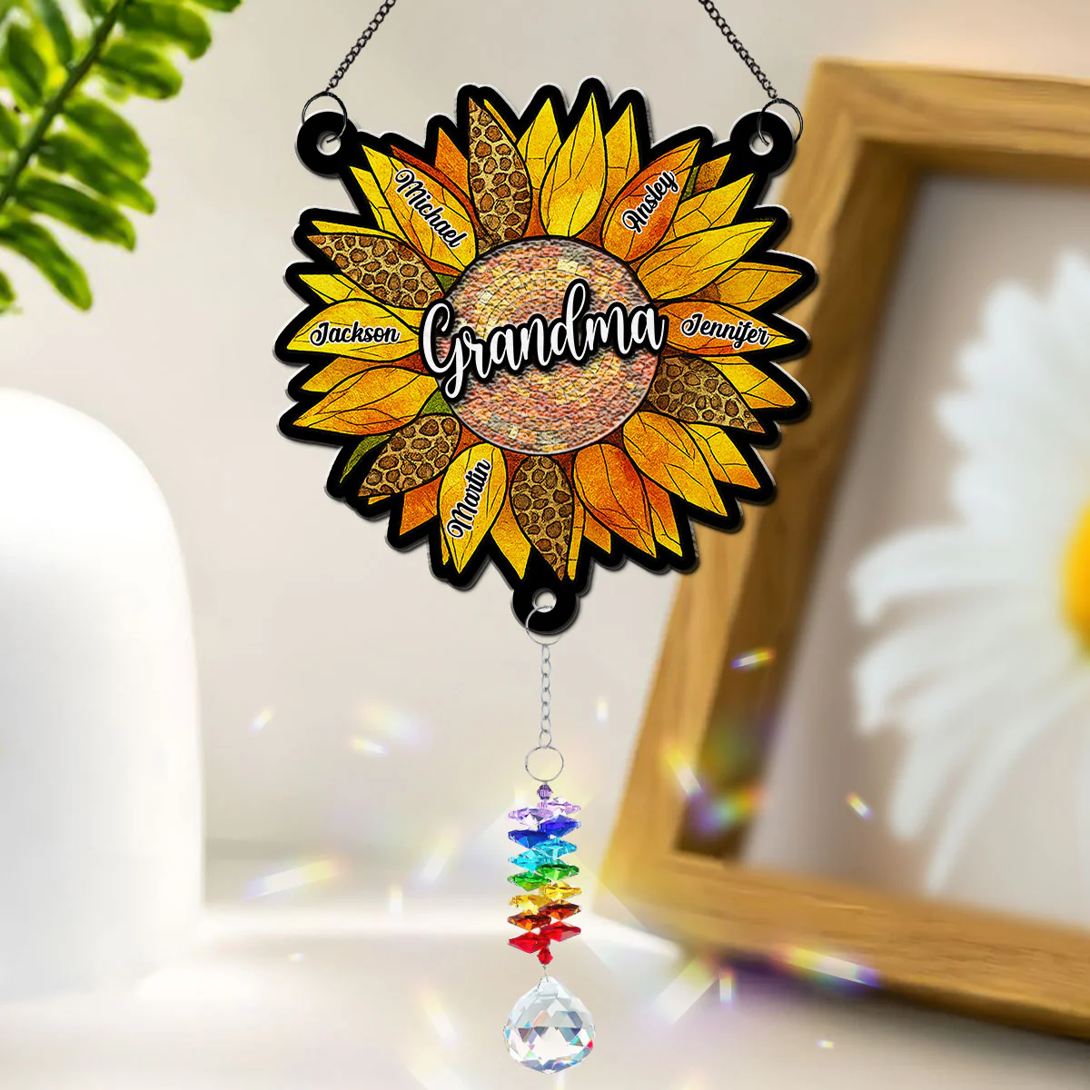 Beautiful Sunflower Grandma - Personalized Custom Suncatcher With Crystal Rainbow Charm - Image 2