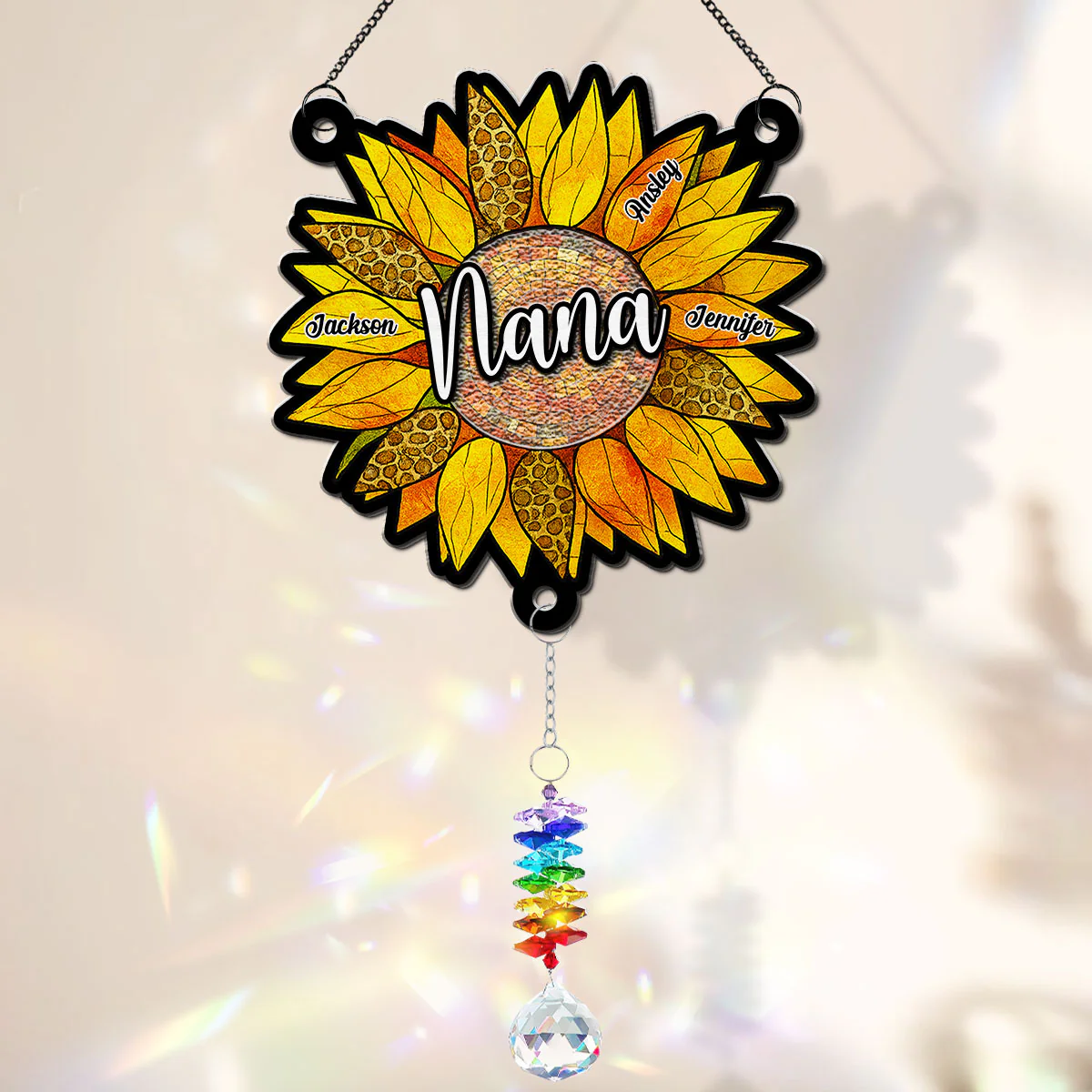 Beautiful Sunflower Grandma - Personalized Custom Suncatcher With Crystal Rainbow Charm - Image 3