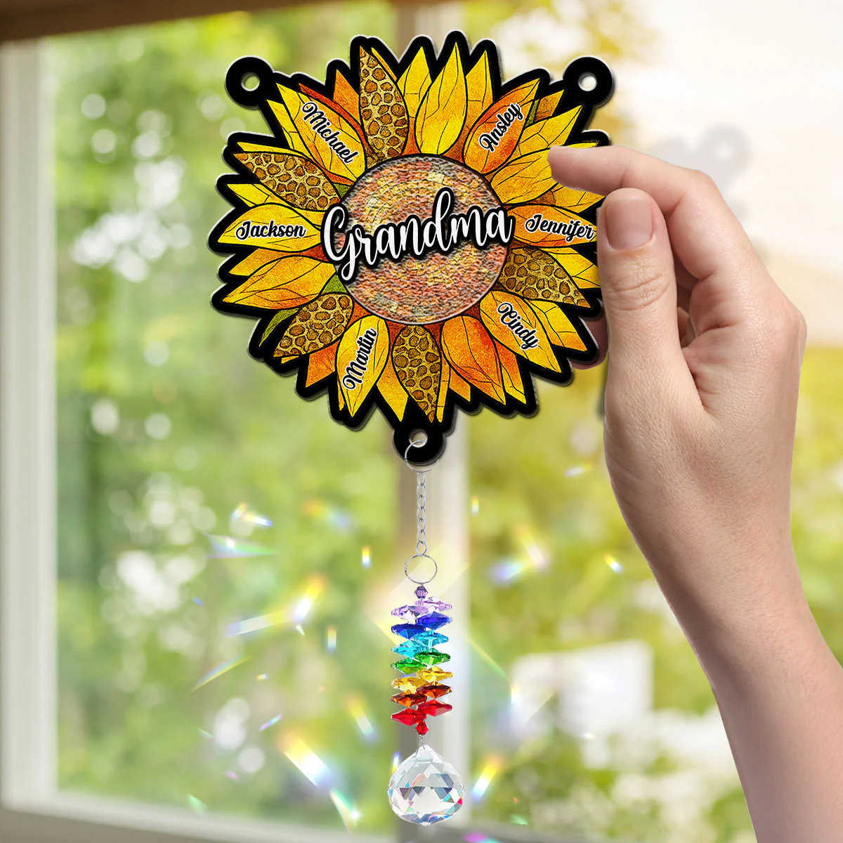 Beautiful Sunflower Grandma - Personalized Custom Suncatcher With Crystal Rainbow Charm - Image 5