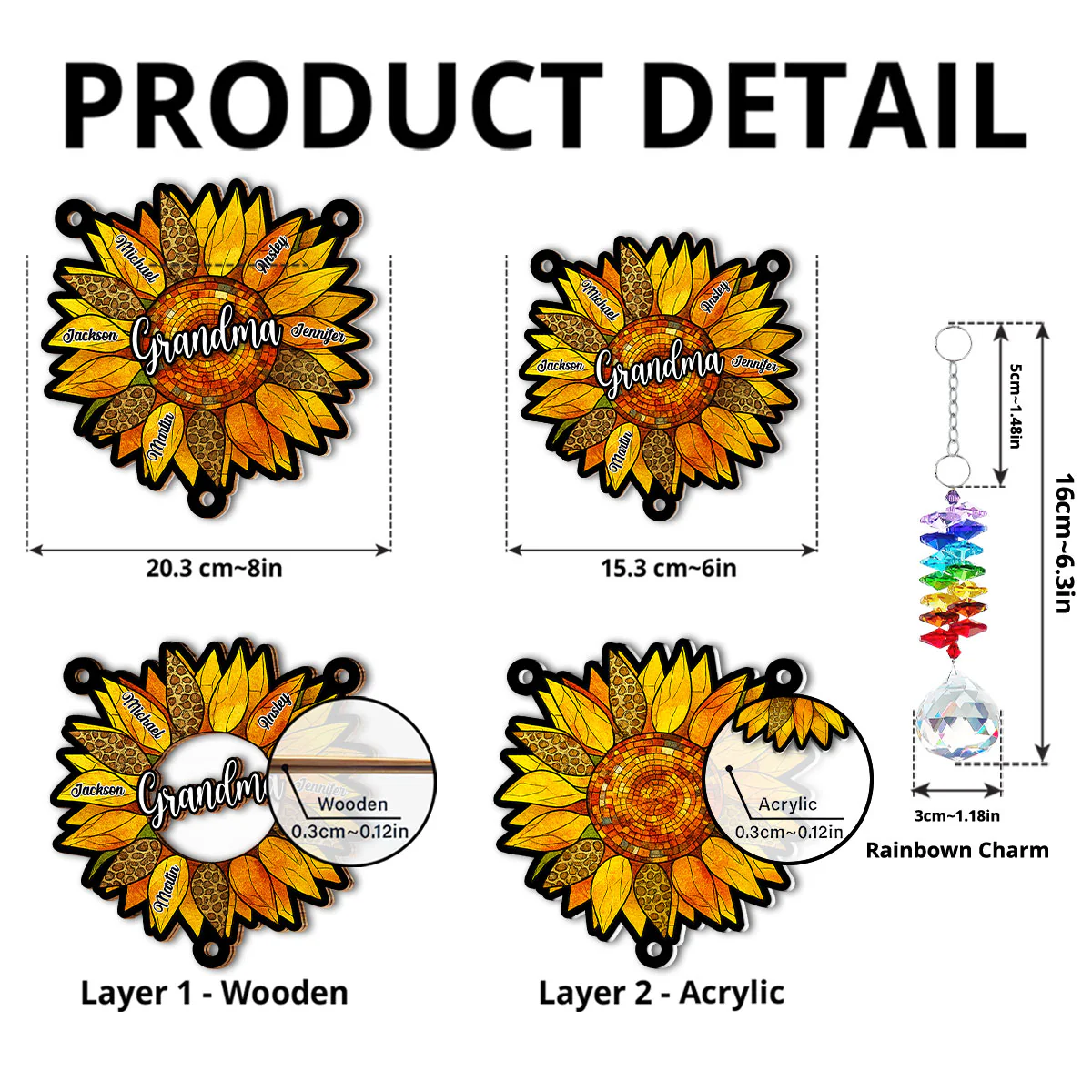 Beautiful Sunflower Grandma - Personalized Custom Suncatcher With Crystal Rainbow Charm - Image 6