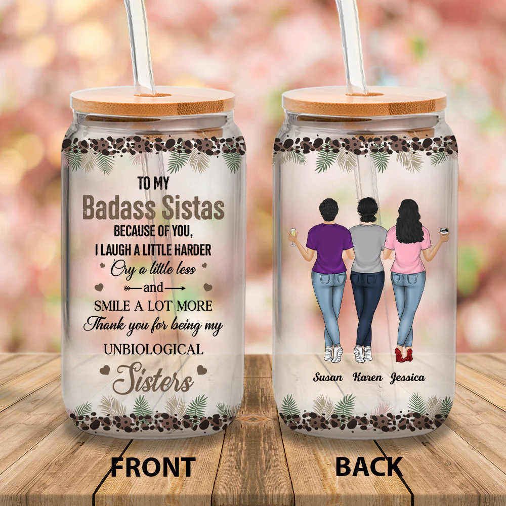 Because Of You I Laugh A Little Harder Friendship - Personalized Custom Glass Can - Image 4