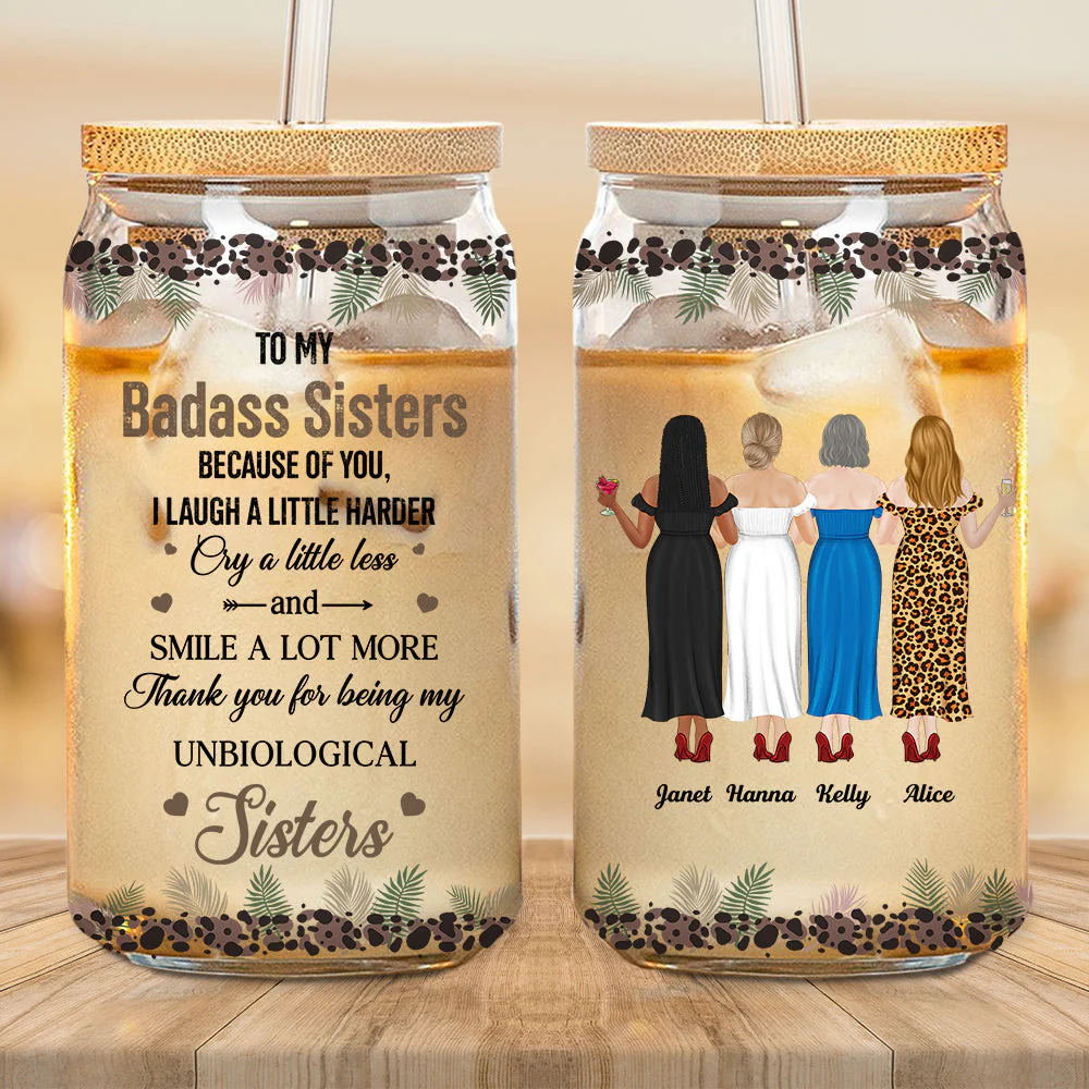 Because Of You I Laugh A Little Harder Friendship - Personalized Custom Glass Can - Image 5
