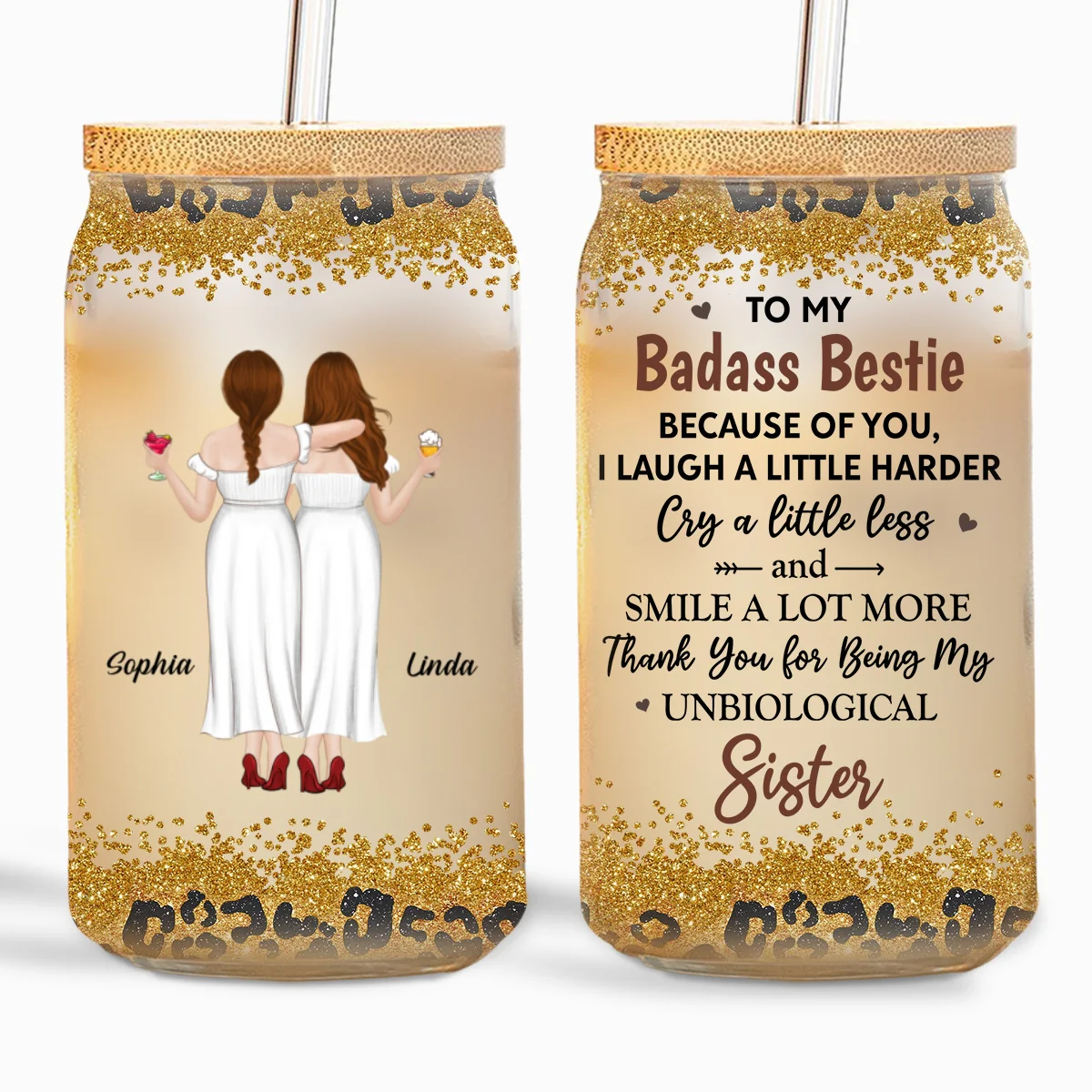 Because Of You I Laugh A Little Harder - Personalized Custom Glass Can - Image 6