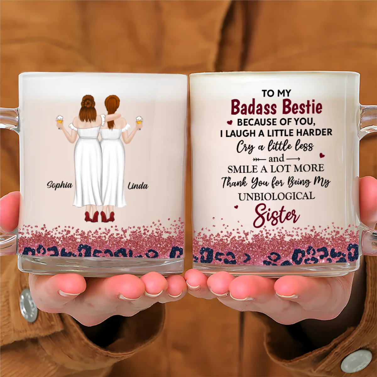 Because Of You I Laugh A Little Harder - Personalized Custom Glass Mug - Image 5