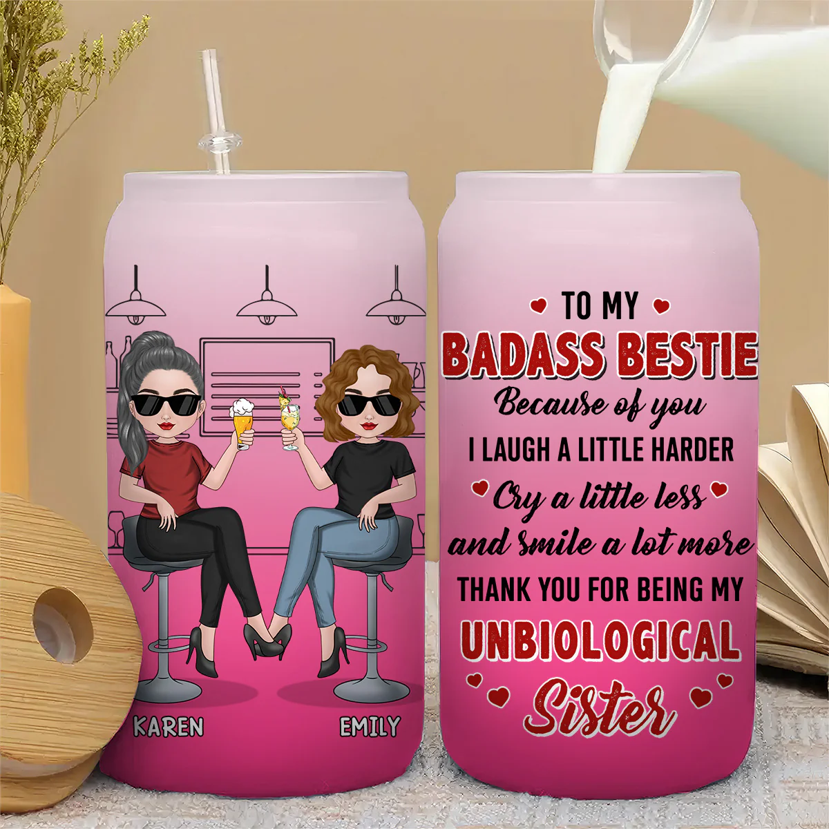 Because Of You I Laugh A Little Harder - Personalized Custom Ombre Frosted Glass Can - Image 2