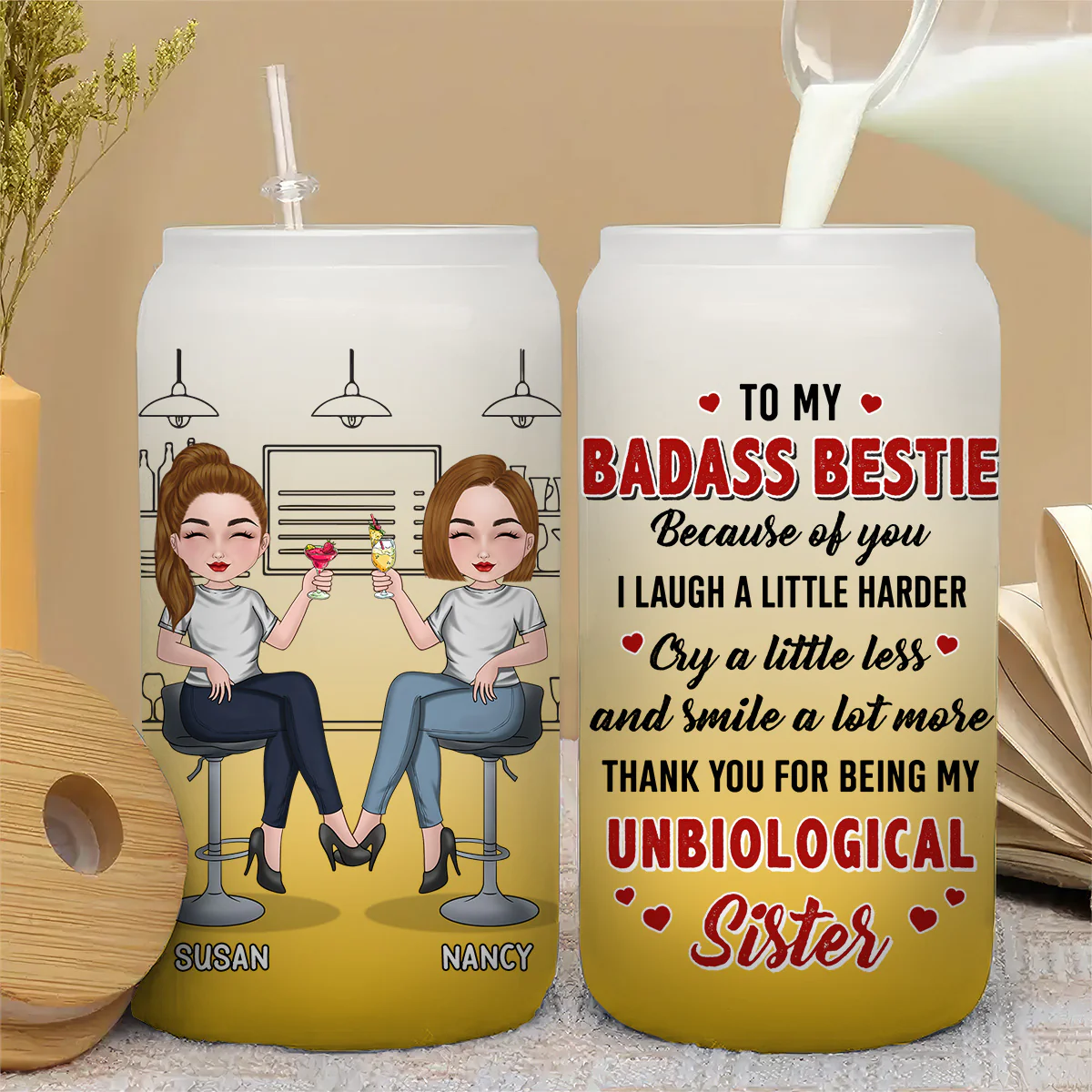Because Of You I Laugh A Little Harder - Personalized Custom Ombre Frosted Glass Can - Image 4