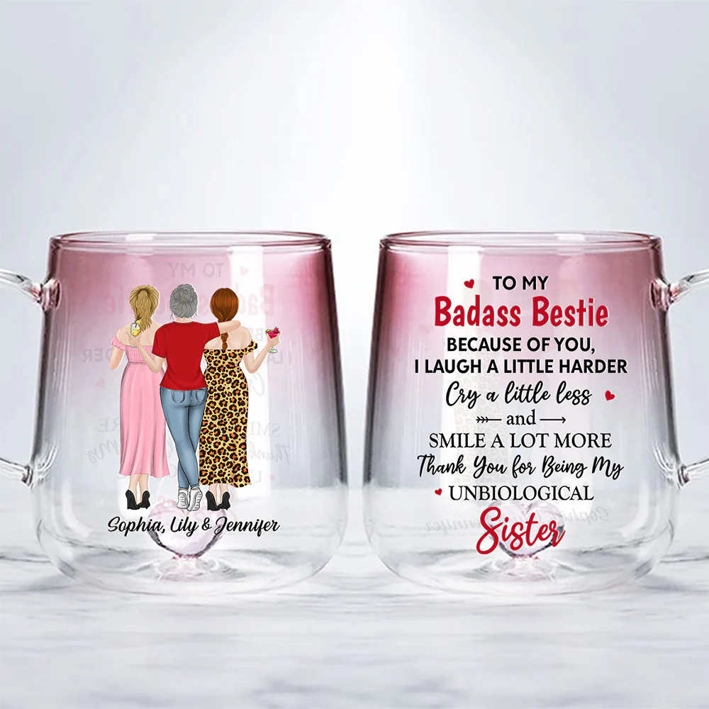 Because Of You I Laugh A Little Harder - Personalized Custom Pink Gradient Glass Mug - Image 2