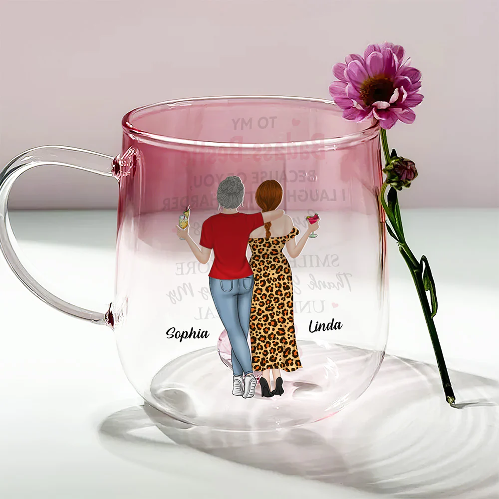 Because Of You I Laugh A Little Harder - Personalized Custom Pink Gradient Glass Mug - Image 3