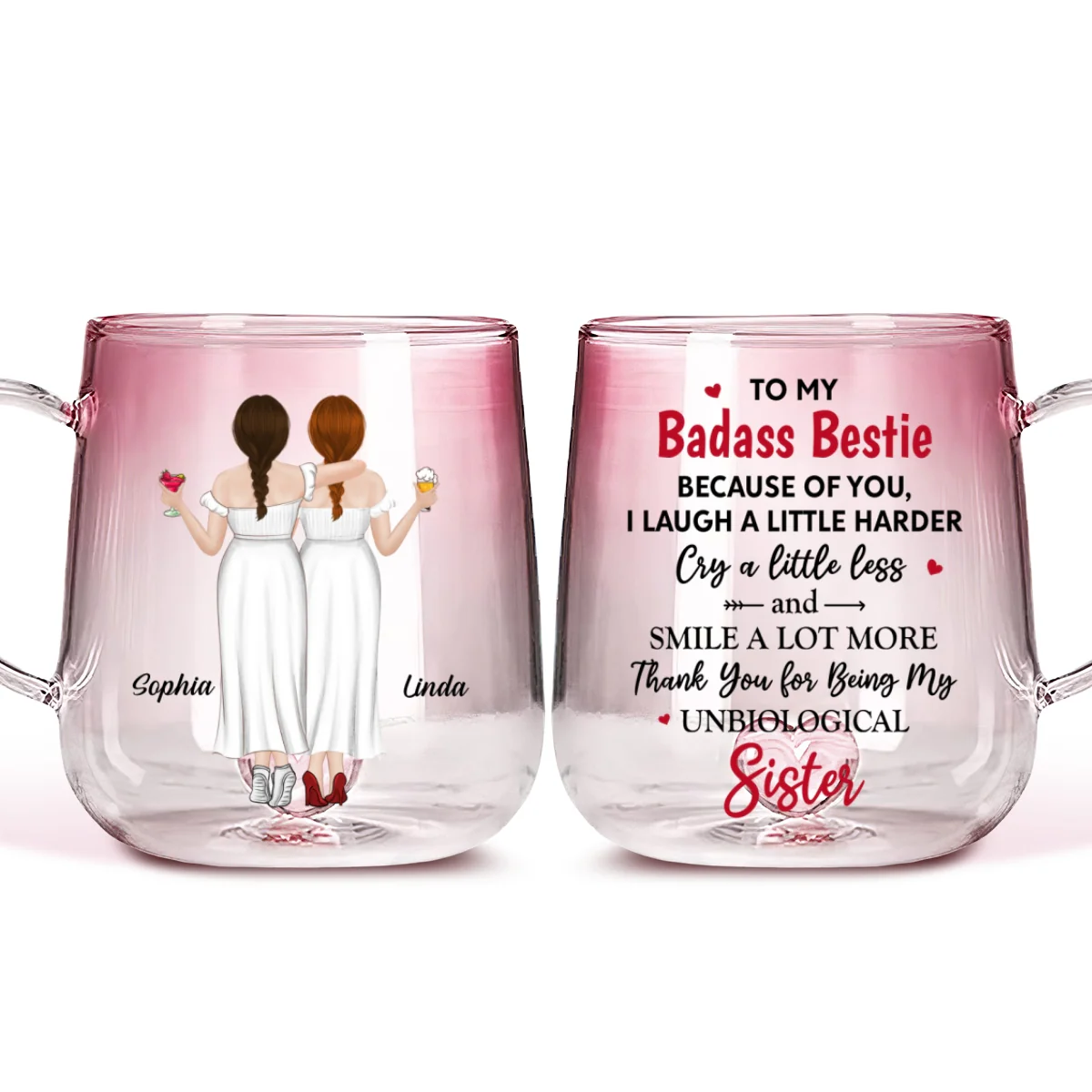 Because Of You I Laugh A Little Harder - Personalized Custom Pink Gradient Glass Mug - Image 5