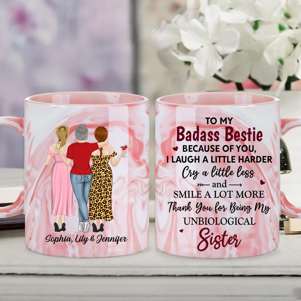 Because Of You I Laugh A Little Harder - Personalized Custom Pink Marble Mug - Image 3