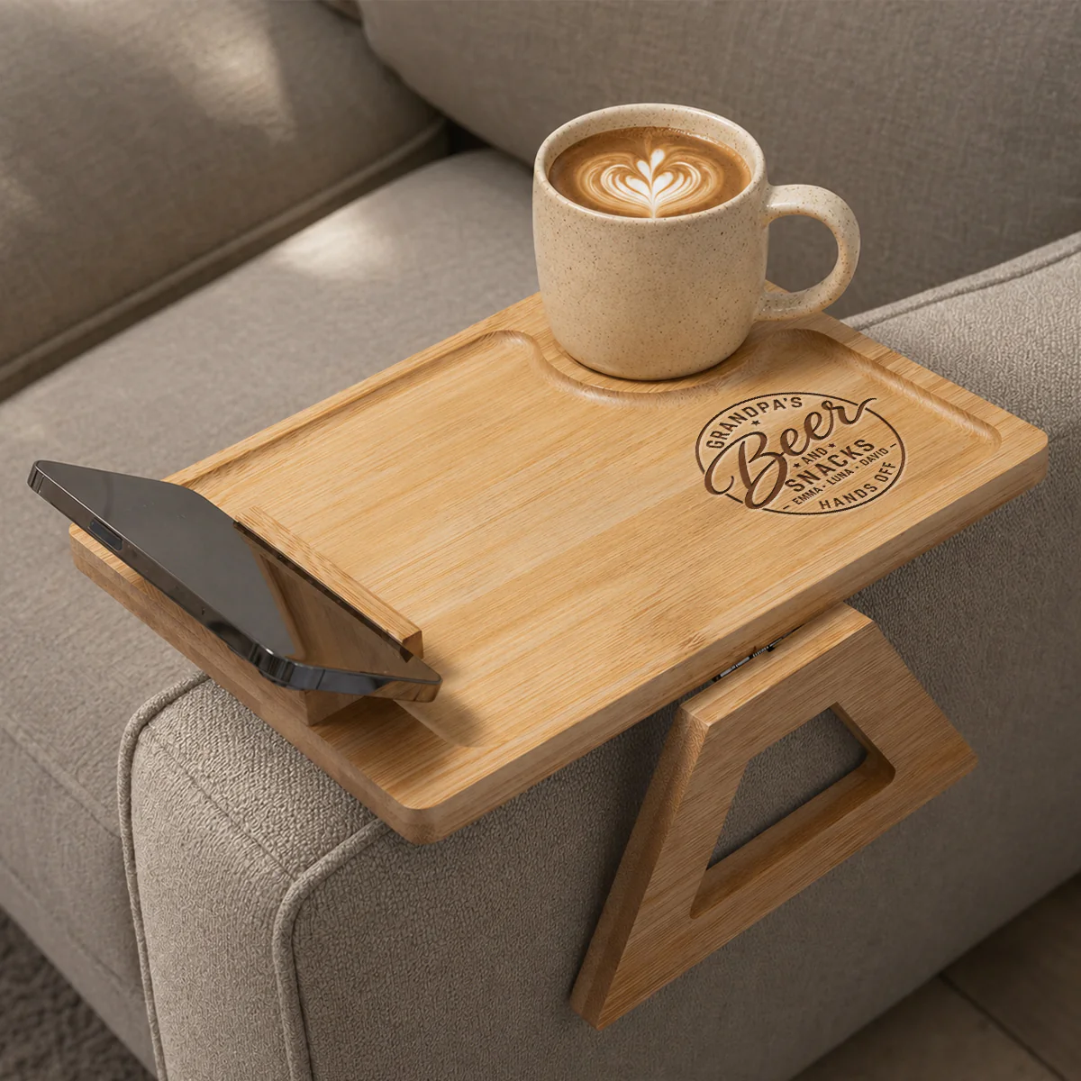 Beer And Snacks Hands Off - Personalized Custom Engraved Wooden Couch Arm Table - Image 2