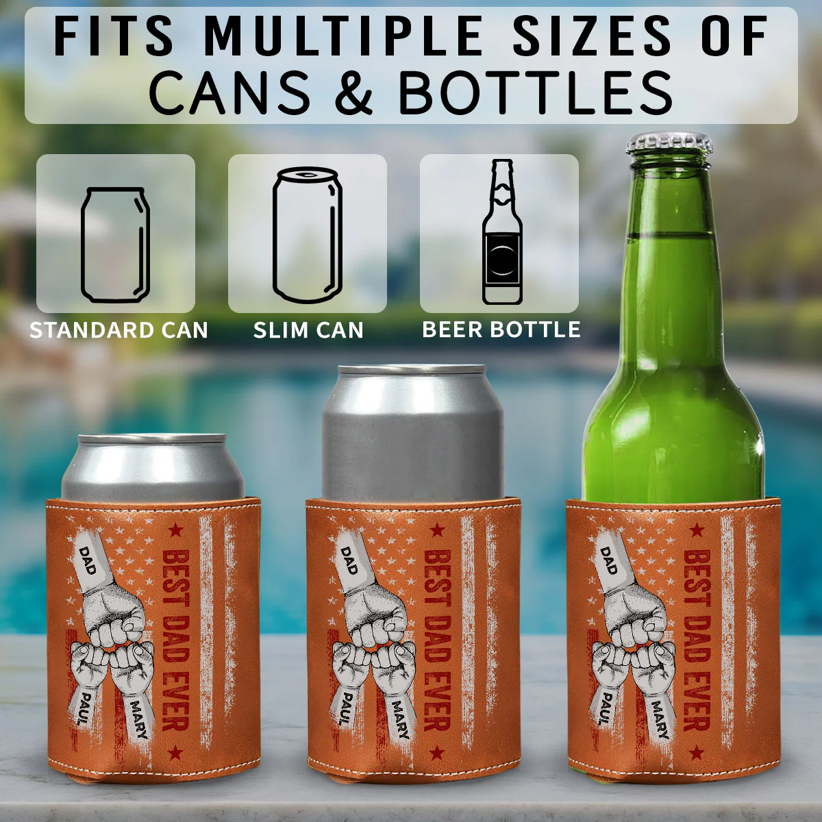 Best Bonus Dad Ever - Personalized Custom Leather Can Cooler Holder - Image 5