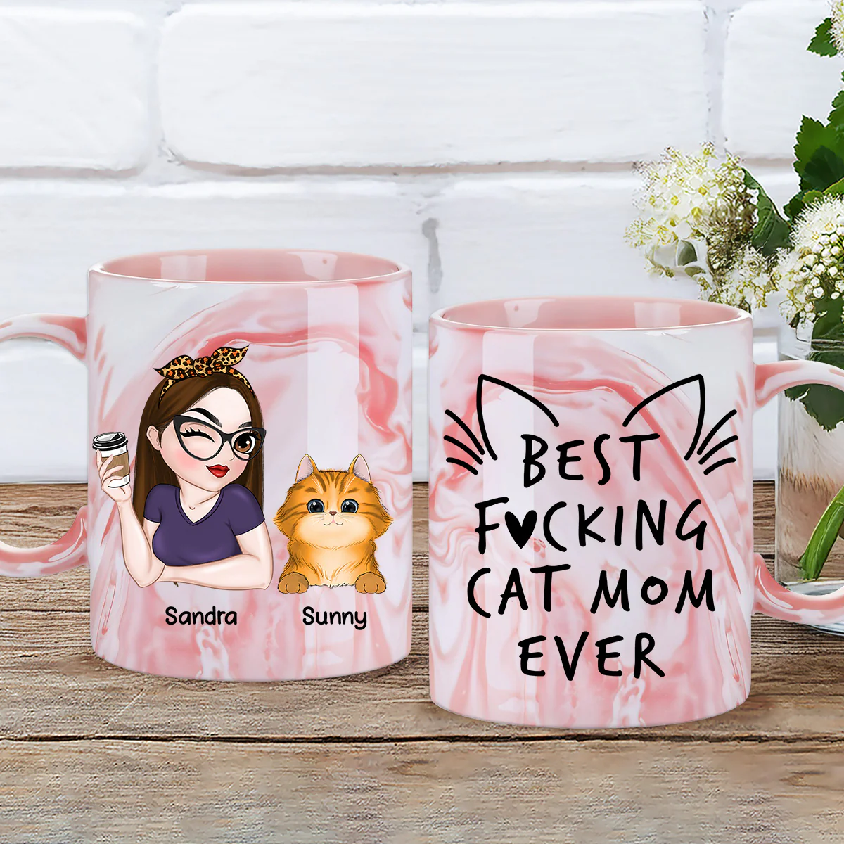 Best Cat Mom Ever - Personalized Custom Pink Marble Mug - Image 2